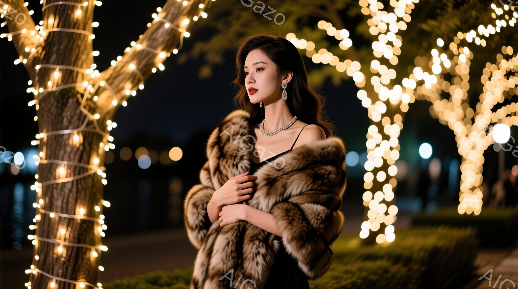 長い黒髪を肩にかけ、首元には輝くネックレスを身につけた女性が写っている。黒いドレスの上に、ふさふさとした茶色の毛皮のショールを羽織り、自信に満ちた表情でカメラを見つめている。背景には、光り輝くイルミネーションで飾られた木々と、ぼやけた街並みが広がり、華やかで洗練された雰囲気を醸し出している。