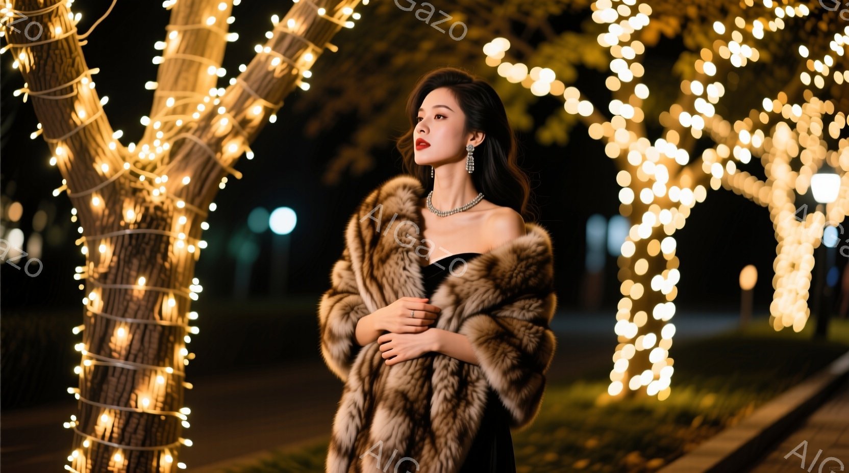 長い黒髪をセンターパートにした女性が、黒いドレスの上に毛皮のショールを羽織って立っている。彼女は微笑んでおり、首元には宝石のネックレスとイヤリングが輝いている。背景には、光り輝く電飾で覆われた木々があり、夜の華やかな雰囲気を醸し出している。