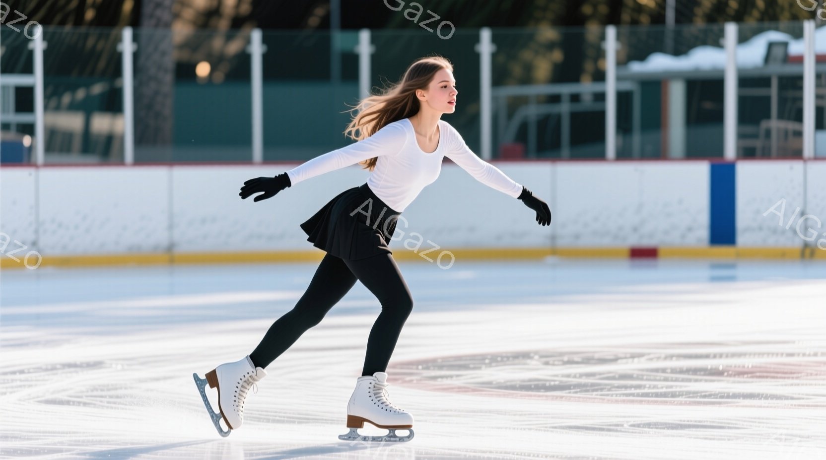 アイススケートリンク上で、女性が滑っている様子が写っている。彼女は白い長袖シャツ、黒いレギンス、黒い手袋、そして白いスケート靴を履いており、髪は後ろで束ねられている。リンクの背景には、フェンスと木々が - AI生成フリー素材