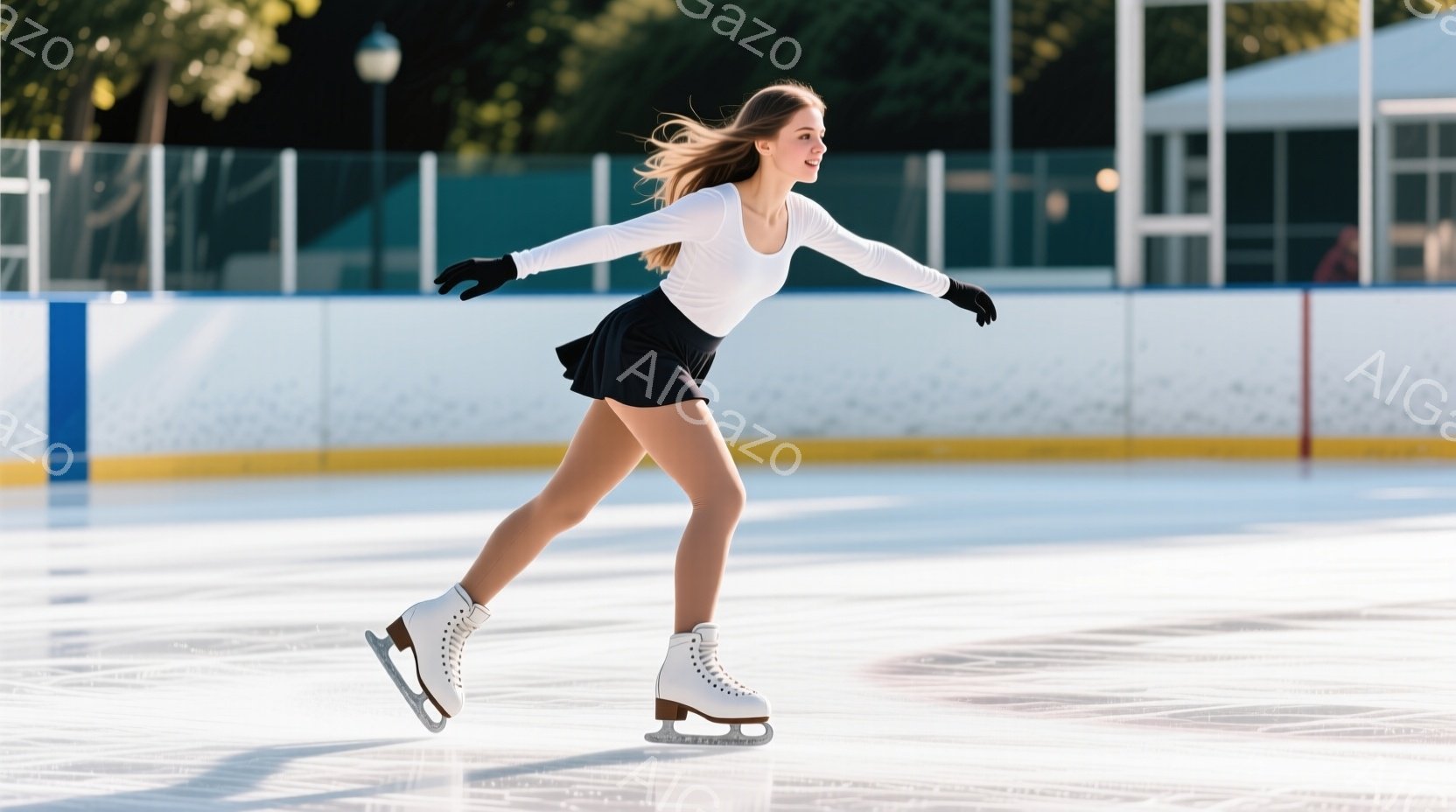 白いアイススケートリンクで、女性が滑っている様子が写っている。彼女は白い長袖シャツと黒いスカートを身につけ、白いスケート靴を履いている。背景には、緑の木々や建物が見え、晴天で明るい雰囲気である。