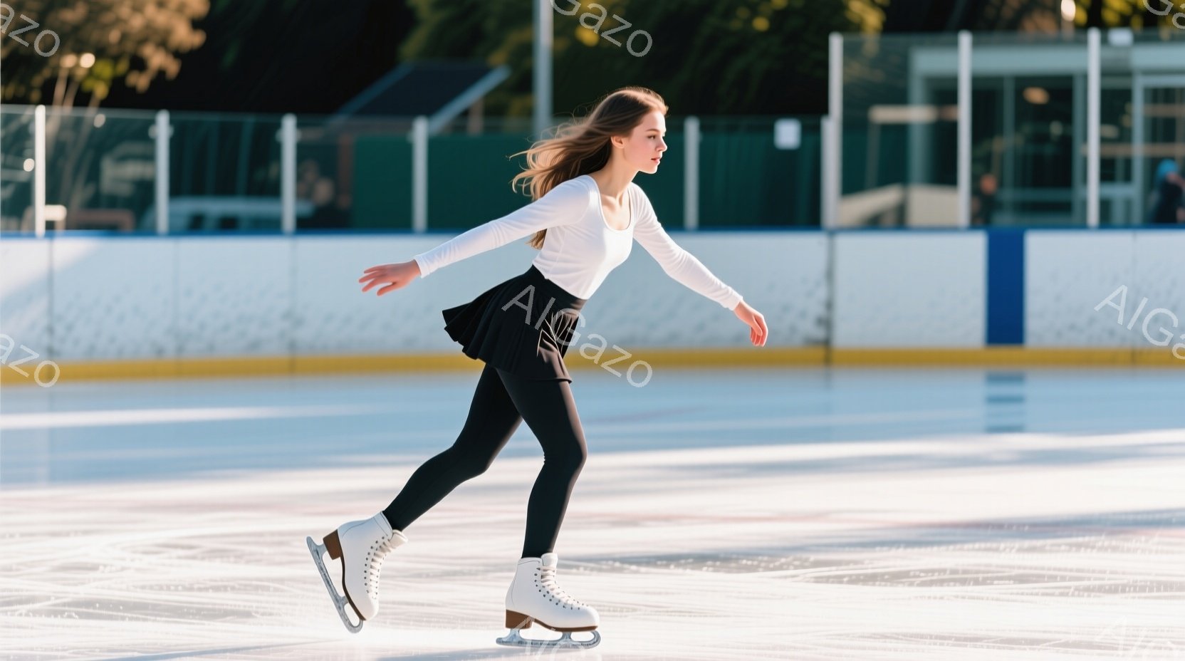 アイススケートリンクで、黒いレギンスと白い長袖シャツ、黒いスカートを着用した女性がスケートをしている。彼女は左足を前に出し、滑らかなポーズで体を伸ばしており、表情ははっきりと見えないが、リラックスしているように見える。背景には観客席らしき建物が見え、天候は晴れていて、リンク全体が明るく照らされている。