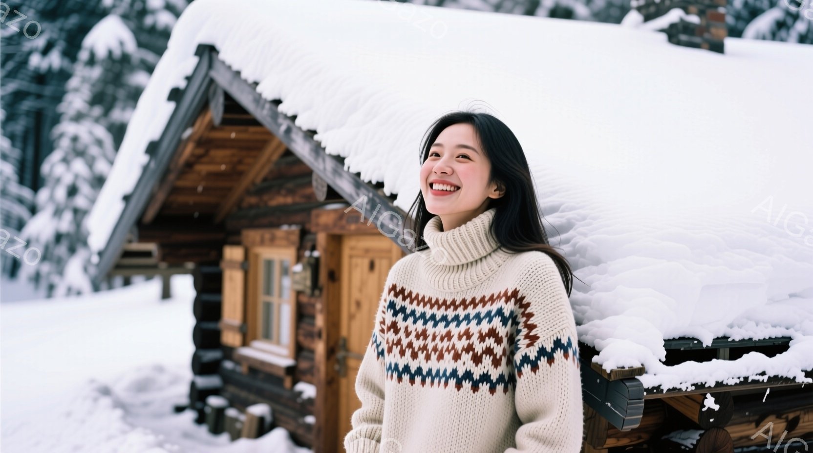 長い黒髪の女性が、白く雪景色を背景に微笑んでいます。彼女はクリーム色のノルディック柄のセーターを着ており、リラックスした姿勢で建物の壁に寄りかかっています。背景には、雪で覆われた丸太小屋があり、冬の穏 - AI生成フリー素材