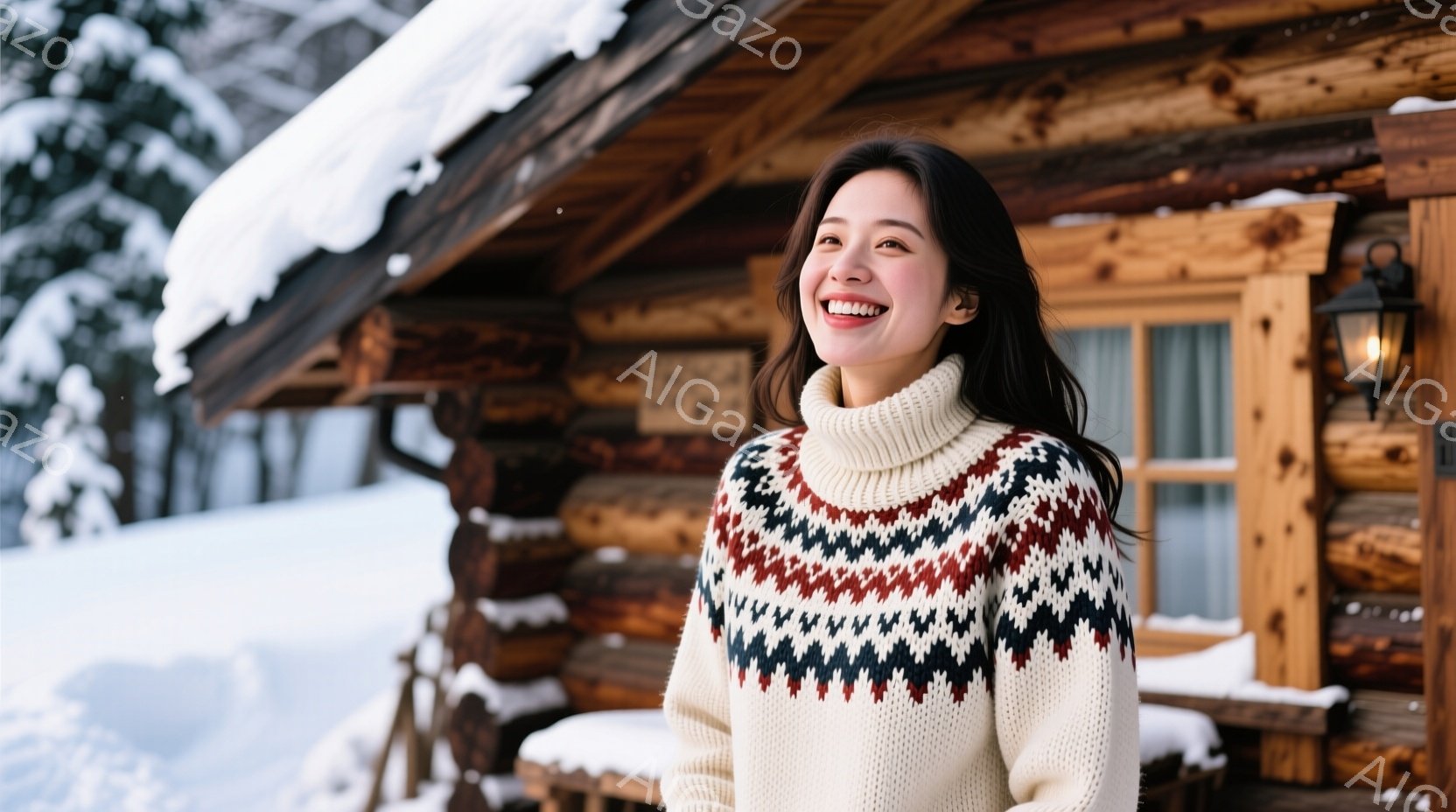 長い黒髪を肩から下でなびかせている女性は、オフホワイトと赤、黒、ネイビーの幾何学模様が特徴的なニットセーターを着ています。彼女は微笑んでおり、背景には雪に覆われた丸太小屋が見えます。雪が降っており、全 - AI生成フリー素材