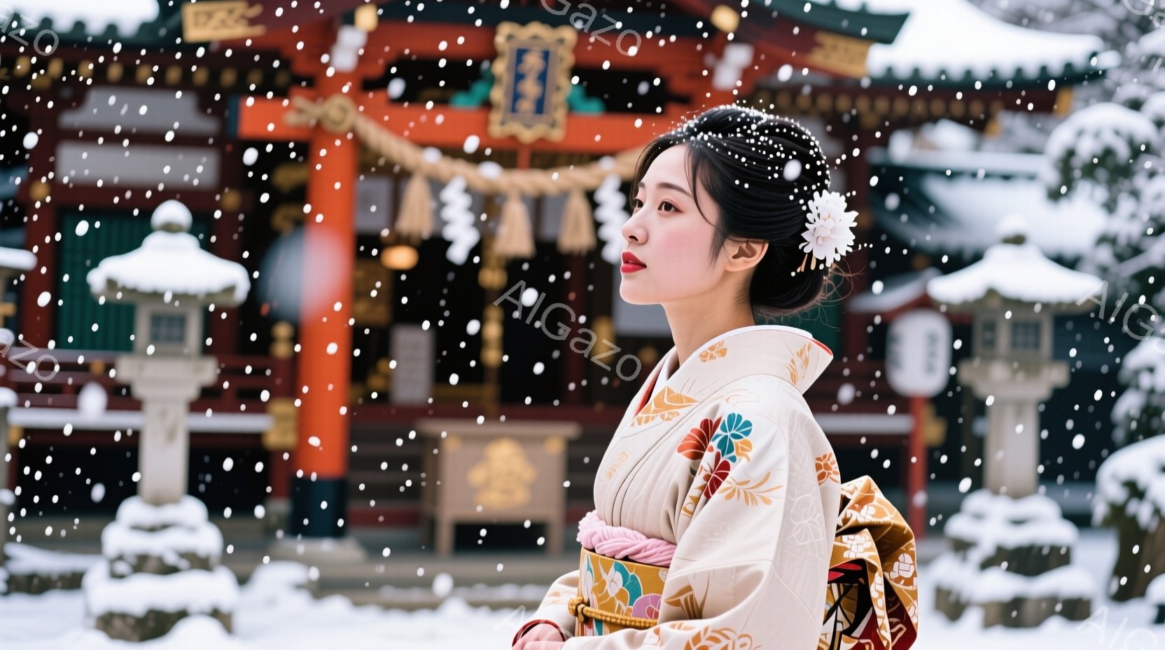 日本の女性、おそらく「花童子」と呼ばれる伝統的な舞台人形であり、白雪が降っている場景に見立てたディープ・フォクスの風味を持つ。女性は、日本の伝統的な和装である「花童子」のような服装を身につけており、髪型もそれに準じています。彼女は雪片を上手く掃除しているかのように仕事の姿勢をとっており、表情は謙虚で穏やかなものです。背景は日本の伝統的な寺院であり、雪が降る様子が鮮やかに描写されています。全体として、美しくも寒い冬の日本の風景を伝える瞬間を捉えた作品です。