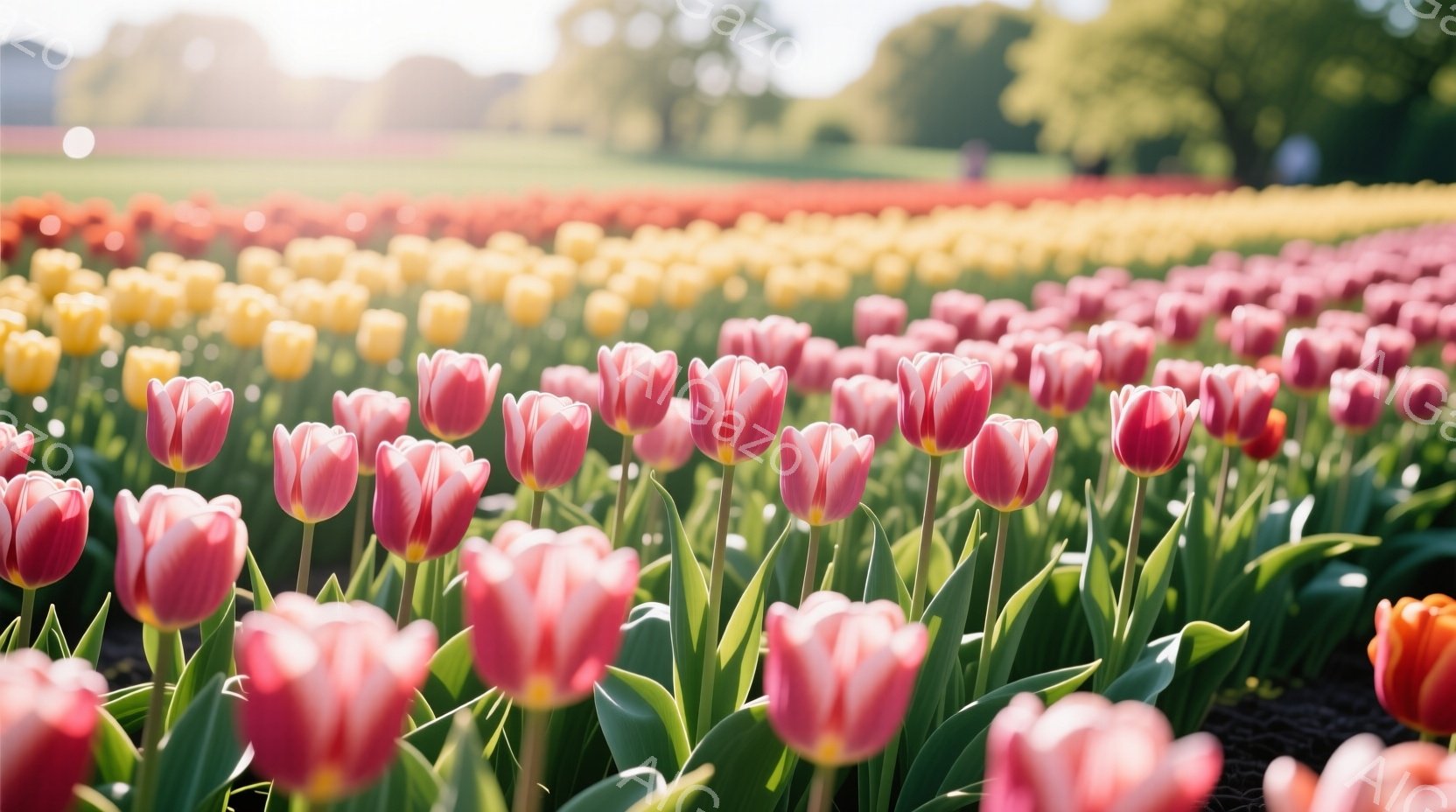広大なチューリップ畑が広がっており、ピンク、オレンジ、黄色の花々が密集して咲き誇っている。背景には緑の木々がぼんやりと見え、天候は晴れていて、光が柔らかく全体を照らしている。この風景は、春の暖かさと生 - AI生成フリー素材