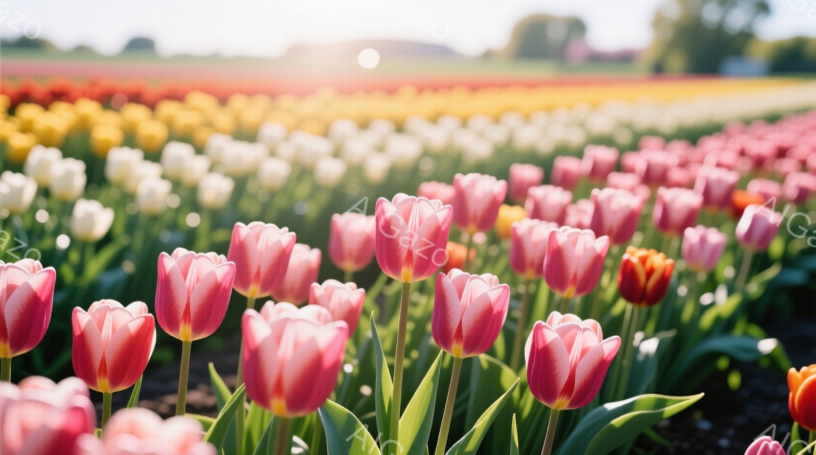 色とりどりのチューリップが咲き誇る畑が広がっている。手前にピンクと白のチューリップが咲き、奥にはオレンジや黄色などの様々な色のチューリップがぼやけて見える。太陽の光が差し込み、明るく華やかな春の雰囲気を醸し出している。