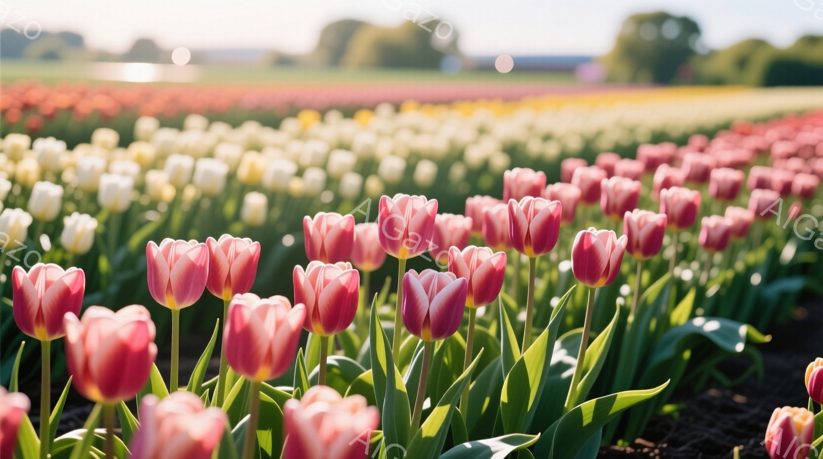 色とりどりのチューリップが咲き誇る畑が広がっています。手前のチューリップはピンクと白のグラデーションが美しく、鮮やかな緑の葉とコントラストをなしています。背景には、他の色のチューリップや遠くの木々が見 - AI生成フリー素材