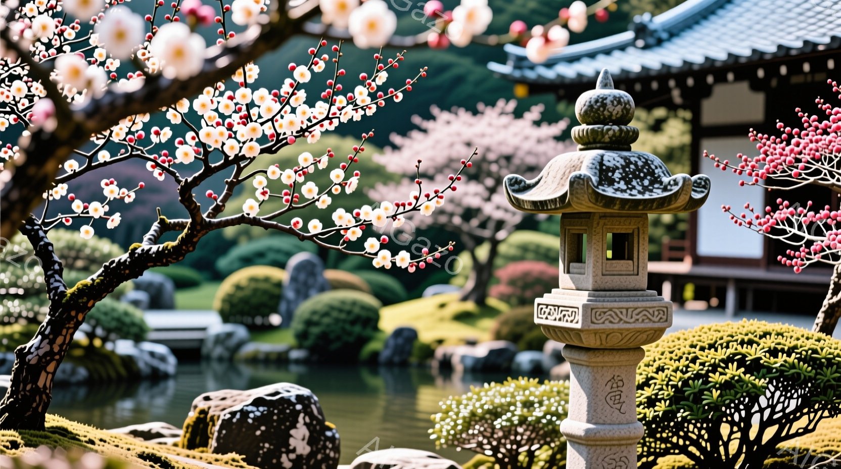 春の穏やかな庭園の風景で、石灯籠が中央に位置し、ピンク色の桜の花が咲き誇る木々が背景に広がっています。池には水鳥が泳ぎ、手入れの行き届いた緑の茂みが灯籠の周りを彩り、静寂で平和な雰囲気を醸し出していま - AI生成フリー素材