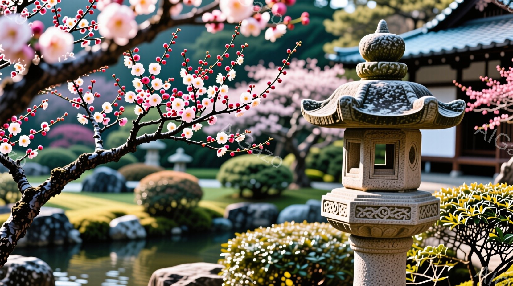庭園には石灯籠が佇み、背景には鮮やかなピンク色の桜が咲き誇る風景が広がっています。手入れの行き届いた芝生と刈り込みの美しい木々、そして穏やかな水面が春の暖かな日差しに照らされ、静寂で平和な雰囲気を醸し - AI生成フリー素材