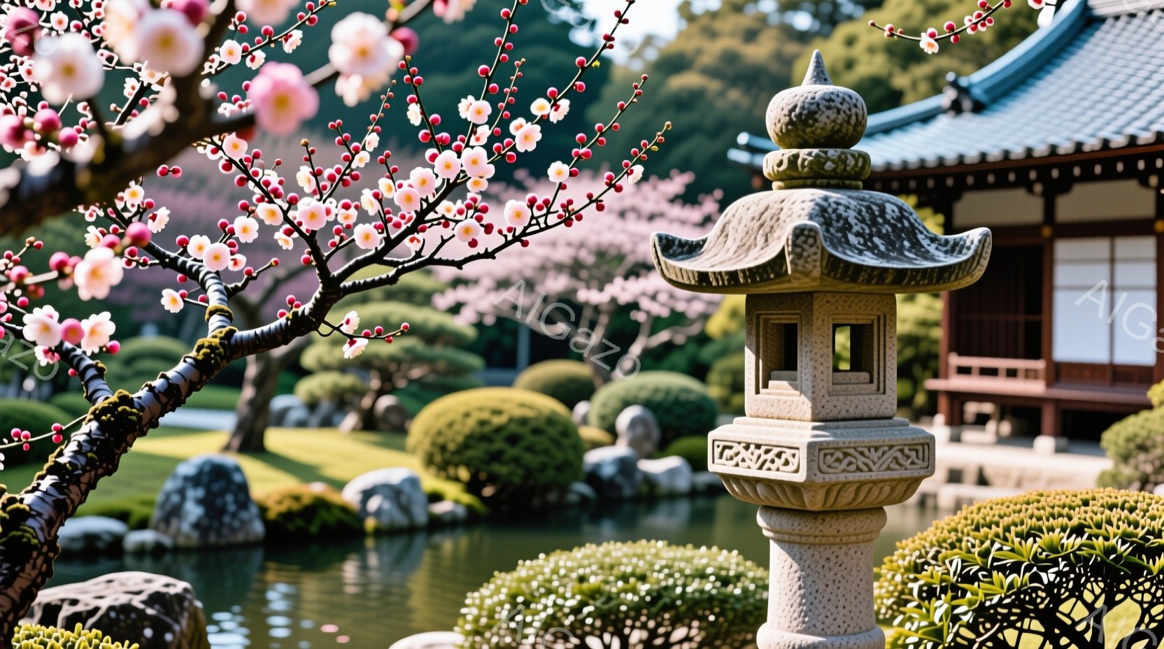 庭園には、石灯籠が中央に据えられ、周囲には整えられた低木と石が配置されている。背景には、伝統的な様式の建物が見え、薄紅色の桜の花が咲き誇り、穏やかな春の日の雰囲気を醸し出している。水面には桜の花びらが - AI生成フリー素材