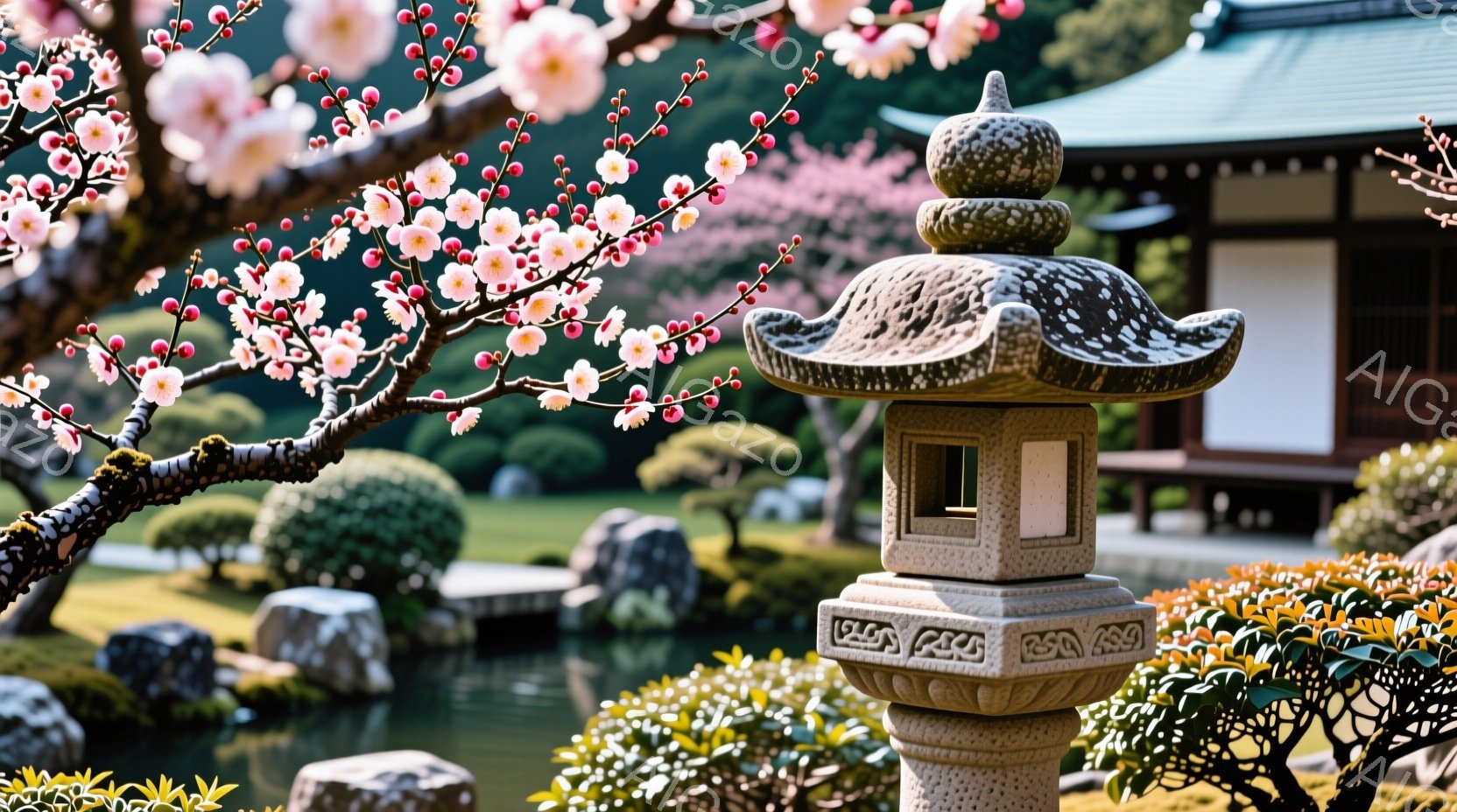 日本庭園の一角に石灯籠が佇み、周囲には手入れの行き届いた緑と、水面に浮かぶ岩が配置されています。背景には伝統的な屋根の建物が見え、桜の花が咲き誇る木々が春の訪れを感じさせます。全体的に穏やかで静謐な雰 - AI生成フリー素材