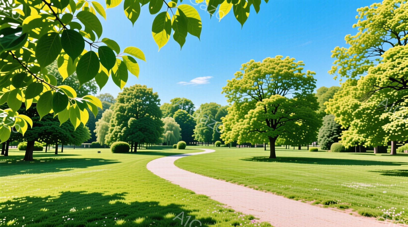 広大な芝生広場には、整然と手入れされた木々と低木が並び、緩やかに曲がった砂利道が奥へと続いています。空は澄み切った青空で、葉の緑と芝生の鮮やかな緑色が際立っています。全体的に平和で穏やかな雰囲気が漂い - AI生成フリー素材