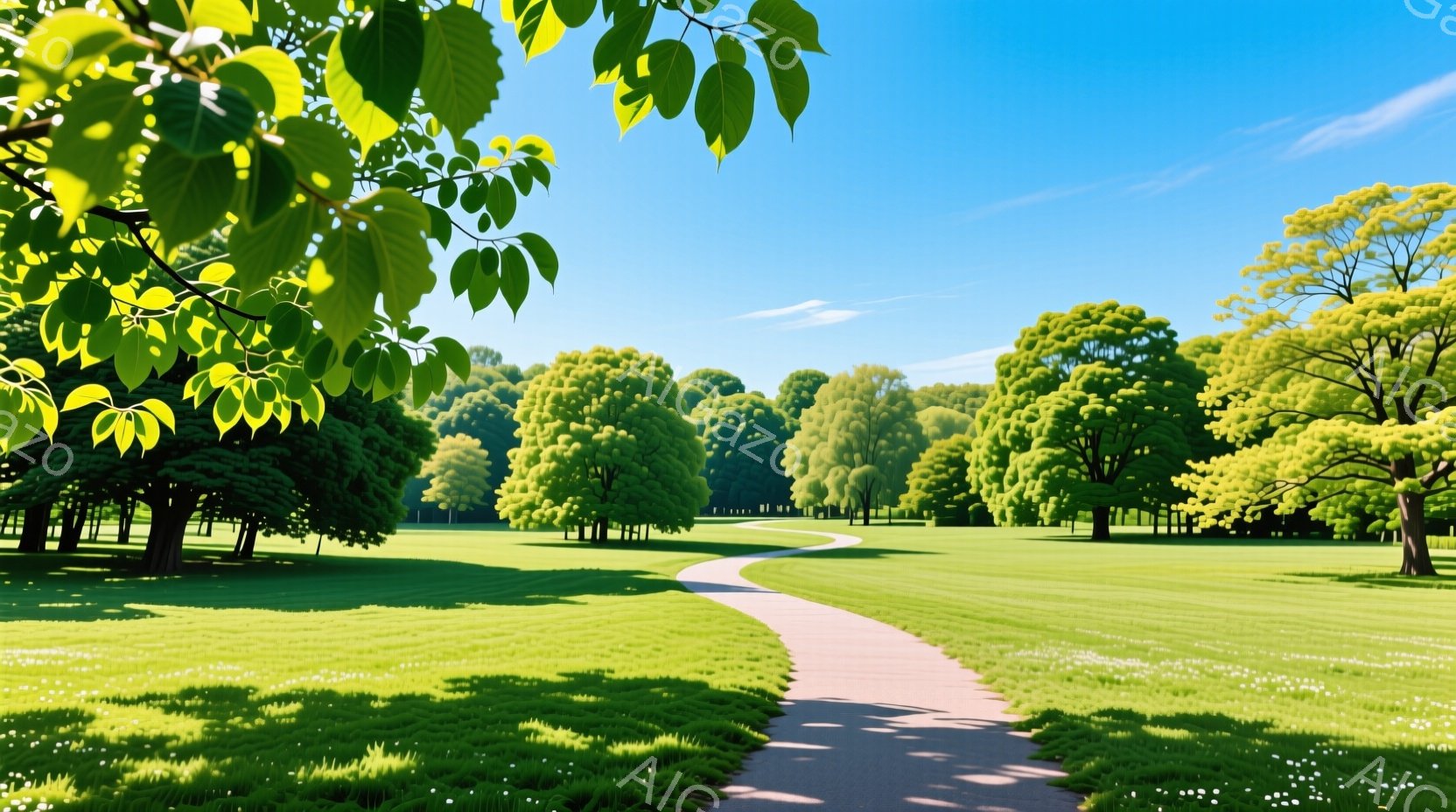 広大な緑の芝生と木々が広がる公園の風景で、曲がりくねった遊歩道が奥へと続いています。青空の下、木々の葉は鮮やかな緑色で、地面には白い小さな花々が点在し、穏やかで平和な雰囲気を醸し出しています。太陽光が - AI生成フリー素材