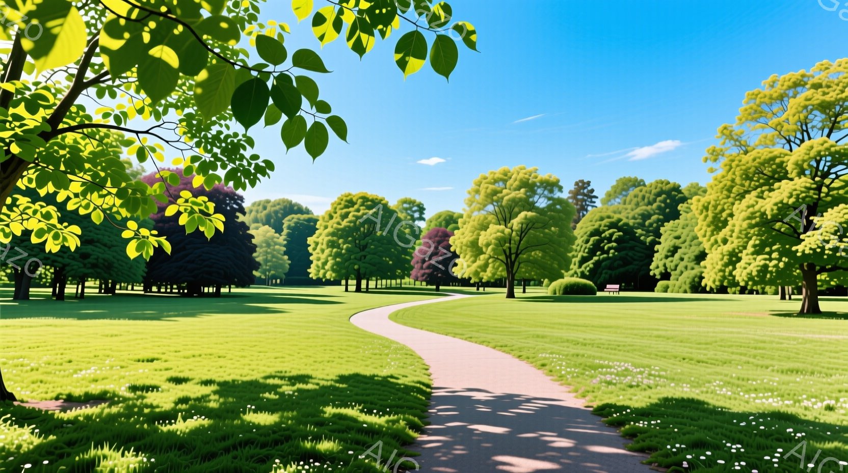 広大な緑の芝生が広がり、曲がりくねった遊歩道が遠くの木々の間へと続いています。鮮やかな緑と澄んだ青空が、穏やかで平和な雰囲気を醸し出しており、ところどころに白い花が咲き誇っています。背景には様々な種類 - AI生成フリー素材