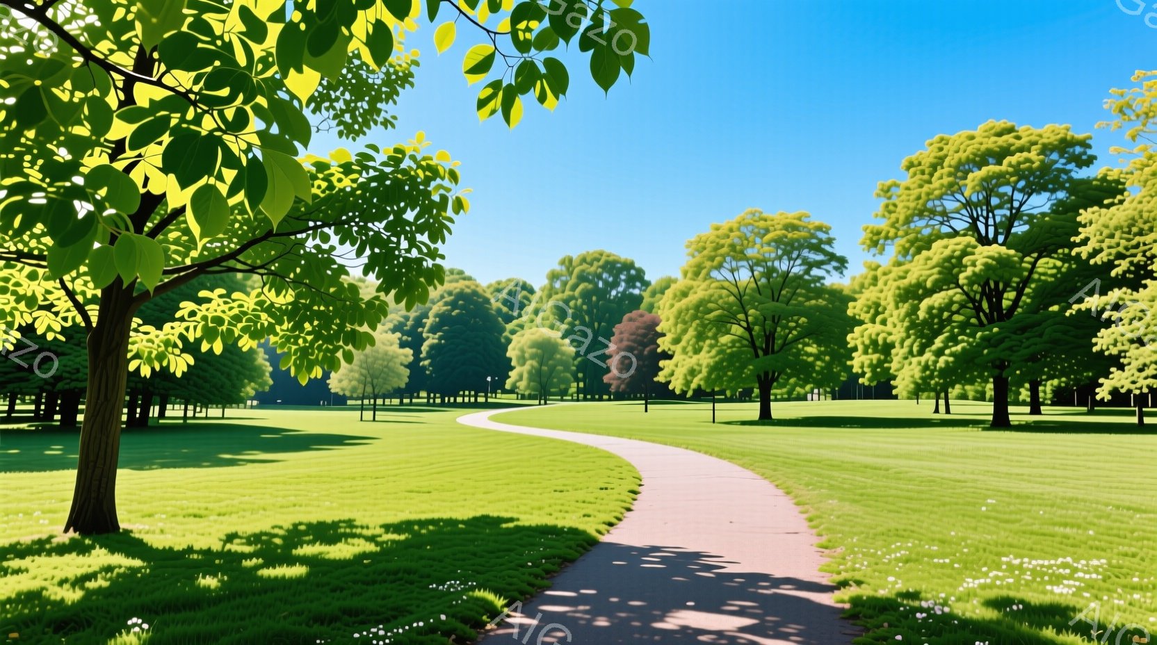 広大な緑の芝生が広がり、その中央を曲がりくねった遊歩道が抜けている風景だ。背景には様々な種類の緑豊かな木々が立ち並び、晴天の下で穏やかな影を落としている。全体的に、平和で自然に満ちた、のどかな雰囲気が漂っている。