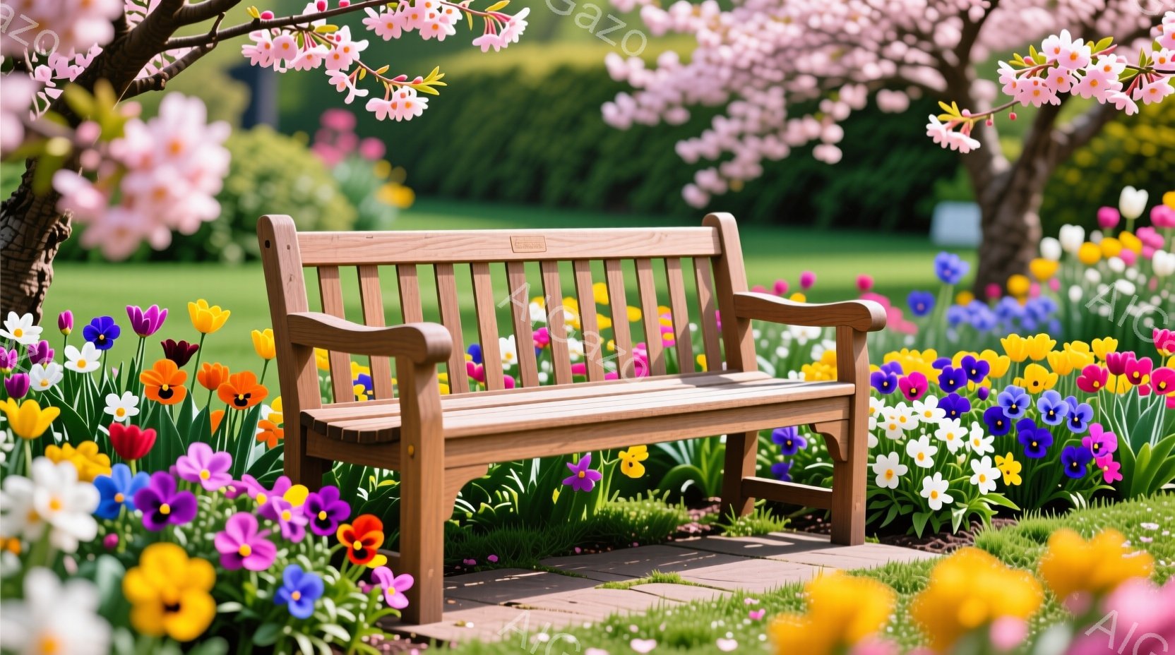 花を楽しむためにベンチに座り、手が穏やかに休息する女性。彼女は春の日差しに油断気味で、美しい花々と新鮮な空気を楽しんでいる。 - AI生成フリー素材