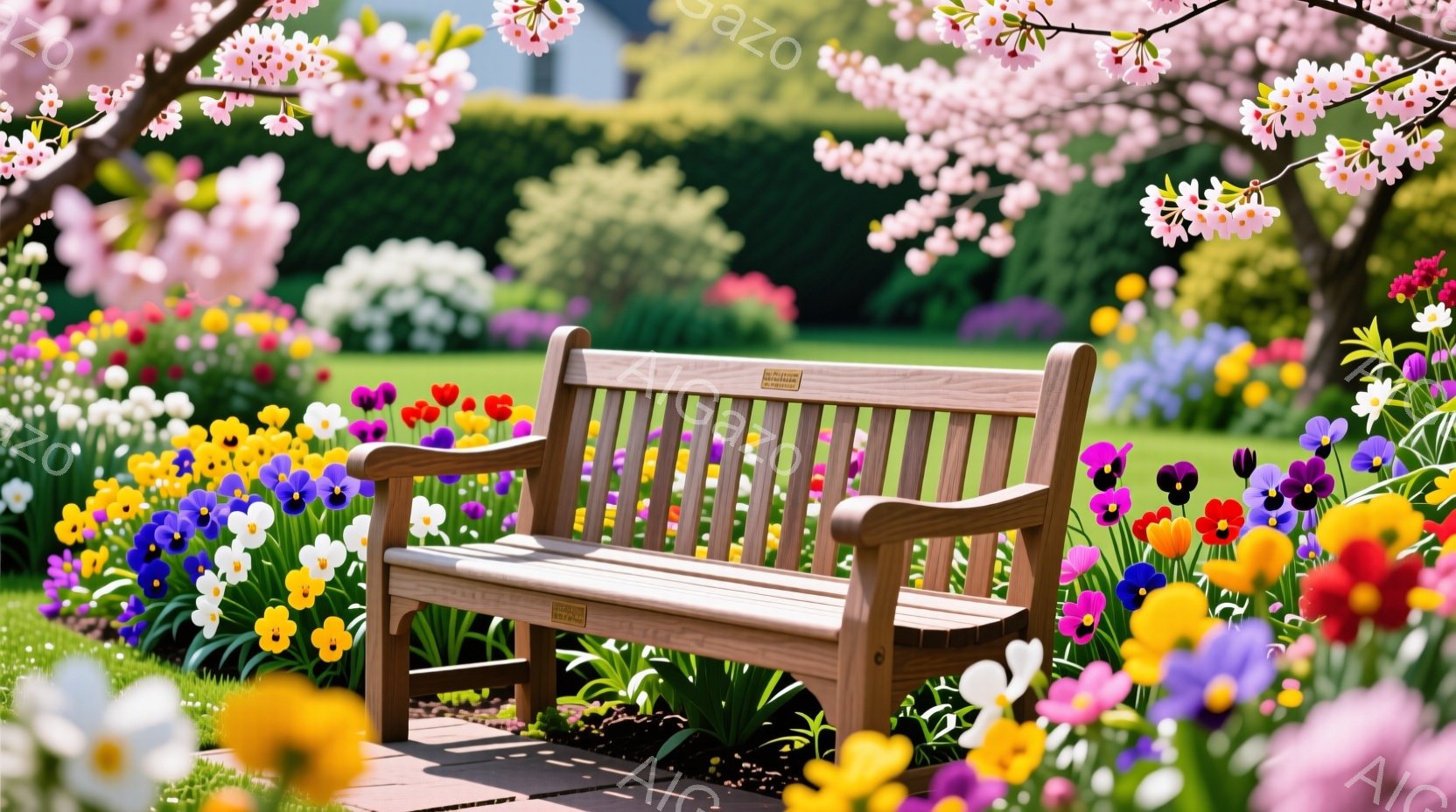 色とりどりのチューリップやパンジーが咲き乱れる花壇に木製のベンチが置かれています。背景には緑豊かな芝生と、薄紅色の桜並木が見え、春の穏やかな陽光が差し込んでいます。全体的に華やかで安らぎを感じさせる、春の訪れを告げる美しい光景です。
