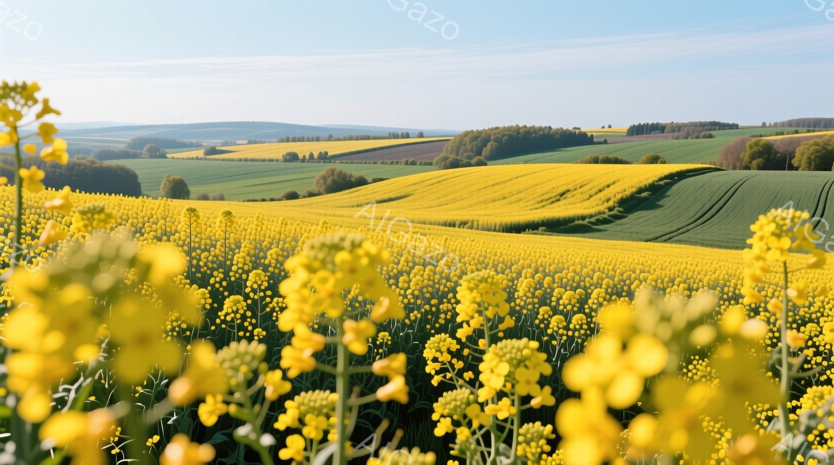 広大な菜の花畑が丘陵地帯に広がり、鮮やかな黄色が視線を奪う。遠景には緑の田畑や森林が見え、穏やかな春の陽光が降り注ぎ、平和で明るい雰囲気を醸し出している。手前の菜の花はぼやけており、奥行きが強調され、自然の美しさを際立たせている。
