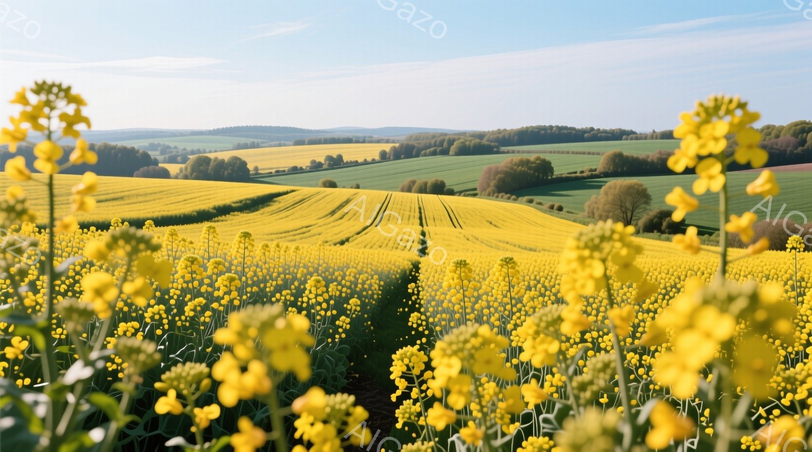 広大な菜の花畑が、穏やかな丘陵地帯に広がり、鮮やかな黄色が視線を奪う。遠景には緑の木々や畑が広がり、空は晴れ上がって穏やかな春の陽光が差し込んでいる。全体的に、自然の美しさ、静けさ、そして生命力に満ち - AI生成フリー素材