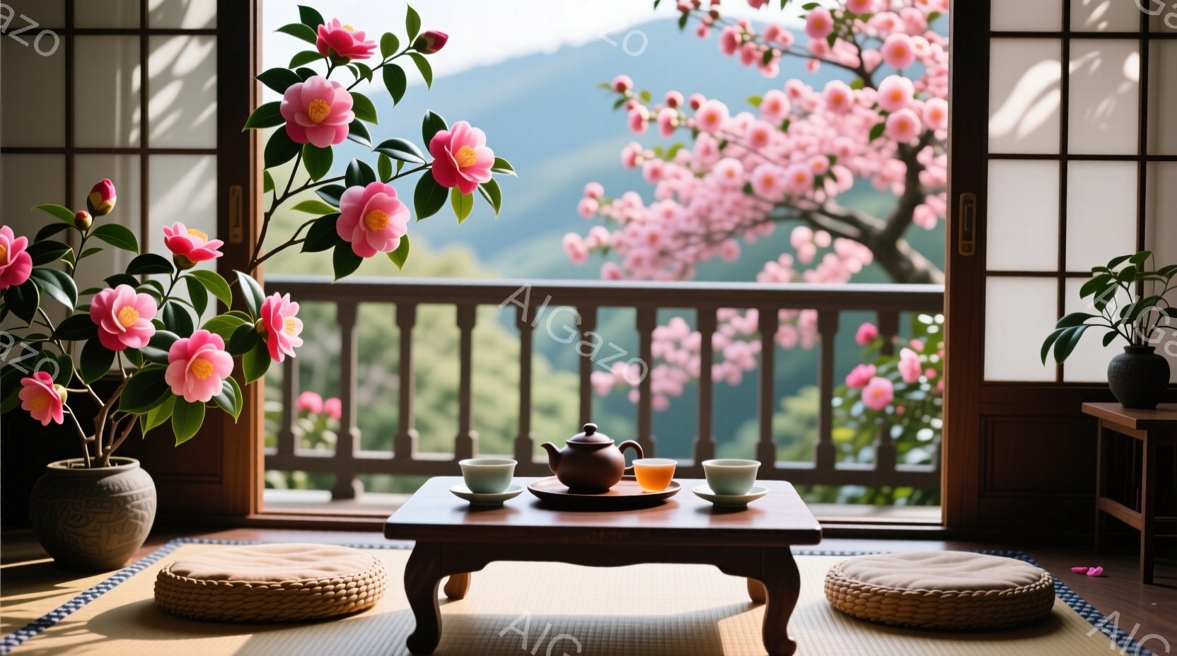 畳の部屋には低い茶色の座卓があり、その上に茶器と湯呑みが並べられています。窓の外には、満開の桜並木が広がり、緑豊かな山々が見え、春の穏やかな日差しが差し込んでいます。全体的に、静かで優雅な、日本の春の情景を表現した、落ち着いた雰囲気の空間です。