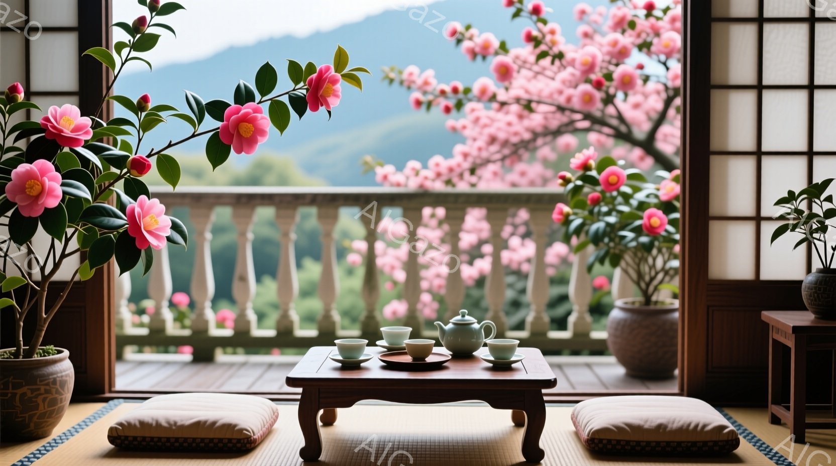 畳の部屋には低い木のテーブルがあり、その上に茶器セットが整えられています。背景には、開いた障子戸から桜並木が見え、遠くには緑豊かな山々が広がっています。春の暖かな日差しが差し込み、静かで穏やかな雰囲気 - AI生成フリー素材