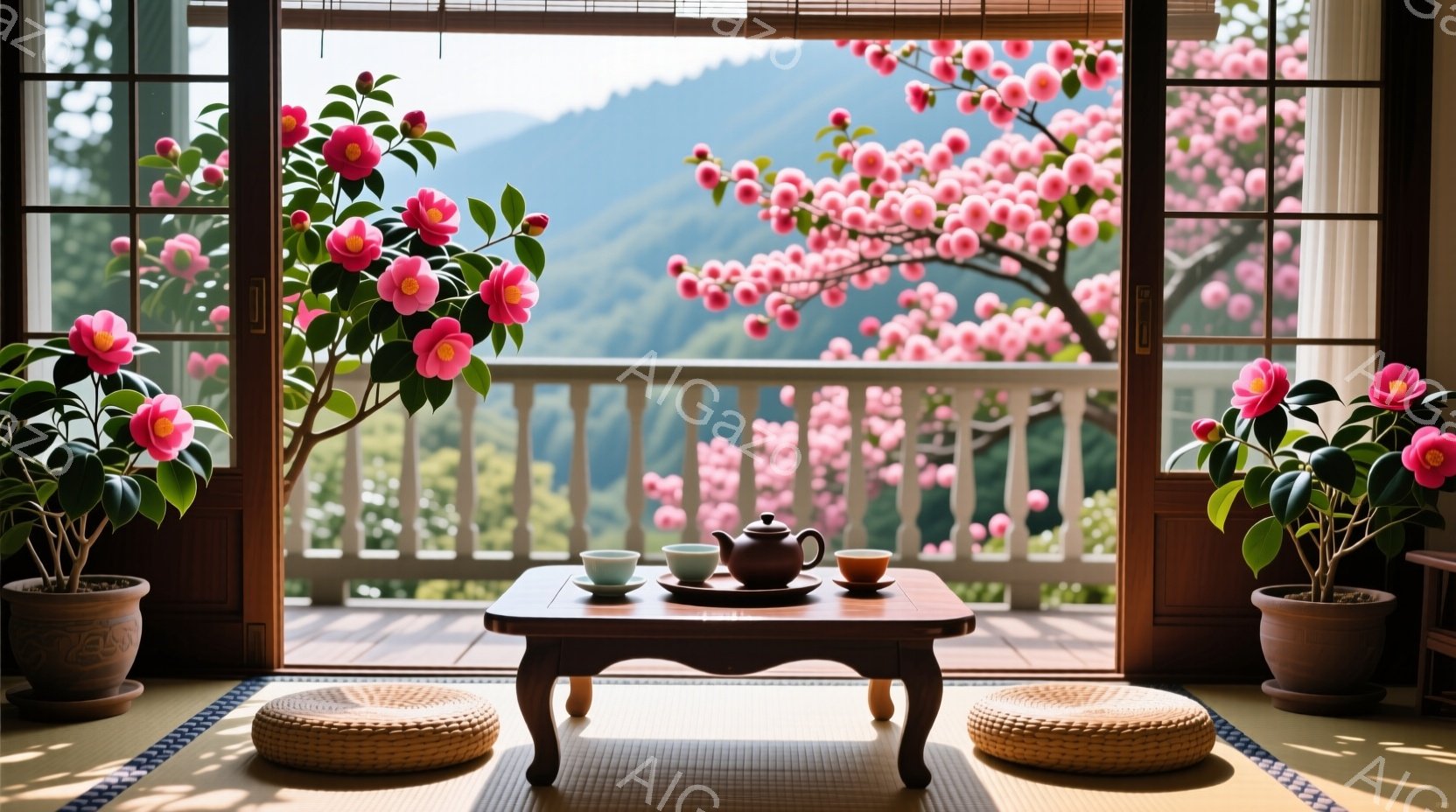 畳敷きの縁側には、低い木のテーブルが置かれ、その上には緑色の茶碗と湯呑みが並べられています。背景には、満開の桜並木が広がり、遠くには霞んだ山々が見え、春の穏やかな日差しが差し込んでいます。全体的に、静かで落ち着いた、日本の春の風景を切り取ったような、優雅な雰囲気です。