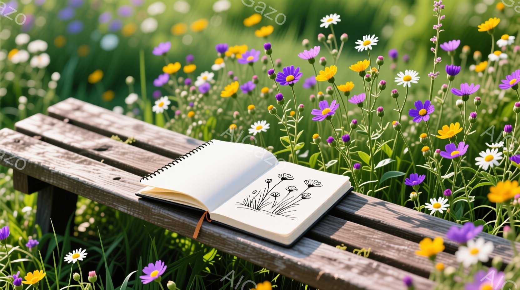 開いたスケッチブックが、木製の柵の上に置かれている。周りには、紫、黄、白の様々な野花が咲き乱れ、春や夏の穏やかな自然の風景を思わせる。全体的に、明るく、静かで、リラックスした雰囲気が漂っている。