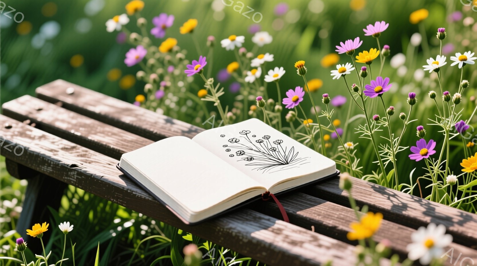 開いたスケッチブックが、木製の柵の上に置かれています。背景には、紫、黄、白などの色とりどりの野花が咲き乱れ、穏やかで平和な雰囲気を醸し出しています。明るい日差しが差し込み、夏の自然の美しさを強調しています。