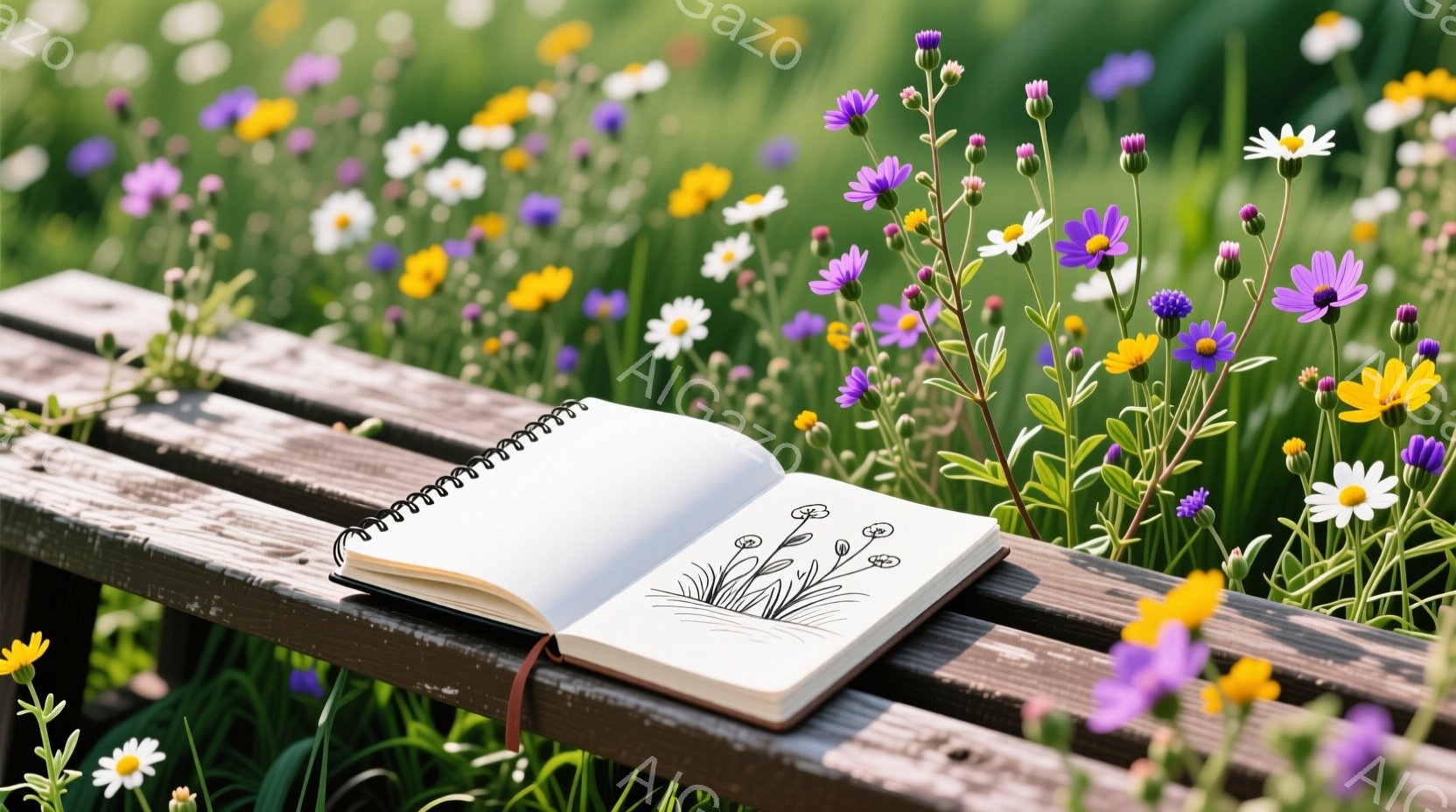 開かれたスケッチブックが、木製の柵の上に置かれており、ページには草木の簡単な絵が描かれている。周囲には、紫、白、黄色の野花が咲き乱れ、緑豊かな草が生い茂っている。背景はぼやけており、暖かく穏やかな夏の日の雰囲気が漂う。