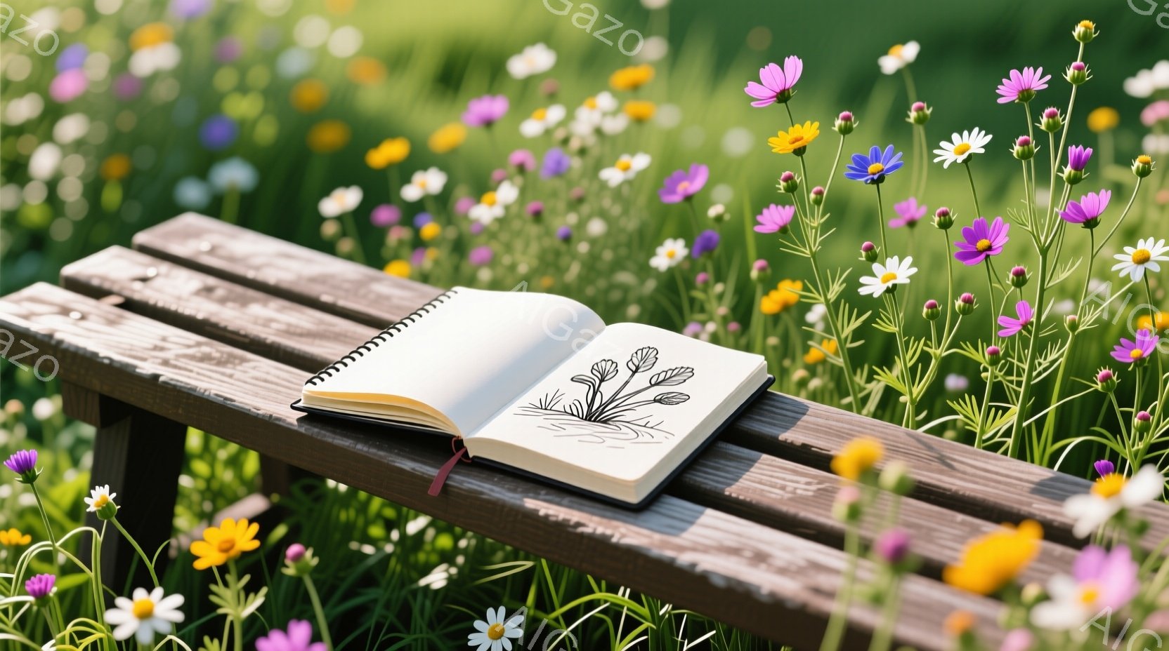 古びた木製のベンチの上に、開いたスケッチブックが置かれている。鮮やかな野花がベンチの周りを埋め尽くし、穏やかな春または夏の日の自然の美しさを表現している。スケッチブックには植物の素描が描かれており、自然の中でインスピレーションを得た芸術的な雰囲気が漂う。