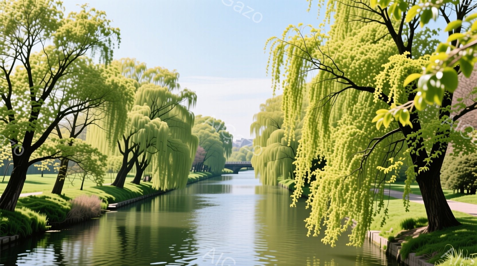 日本の公園を特徴とする春日のシーンです。道路が右から左へと曲がり、長い桜の並木に囲まれた小川が中心に流れています。 穏やかな空気の下で、落葉樹が枝を張っており、鮮やかな黄緑色の新しい葉が広がっています。 この場所は平和で清らかであり、春日の景色に触れることができます。
