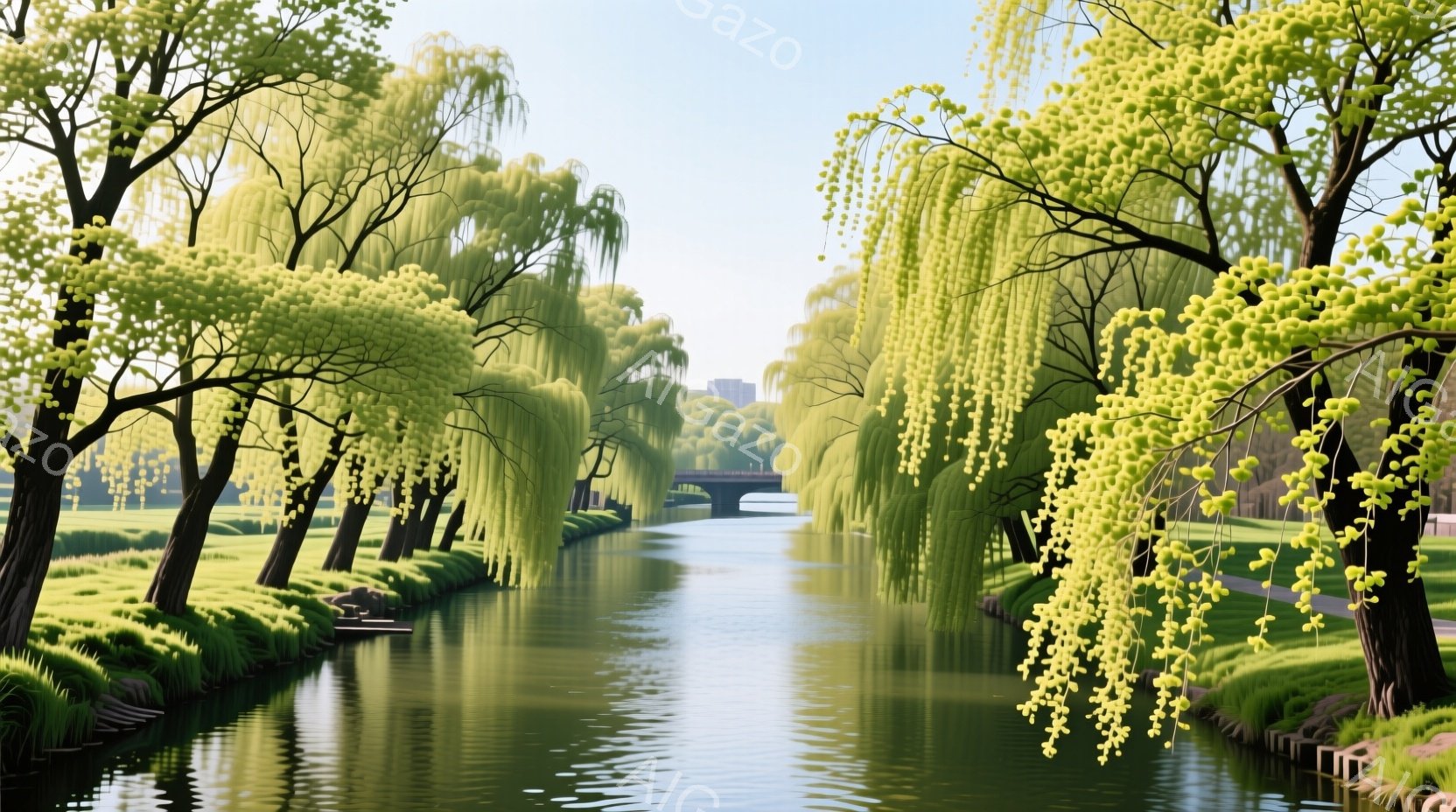 柳並木が両岸に続く水路が中央を走り、穏やかな水面が光を反射している。遠景には建物が見え、空は晴れ渡っており、春の暖かく穏やかな雰囲気が漂っている。水路の縁には緑豊かな草が生い茂り、全体的に静かで平和な情景が広がっている。
