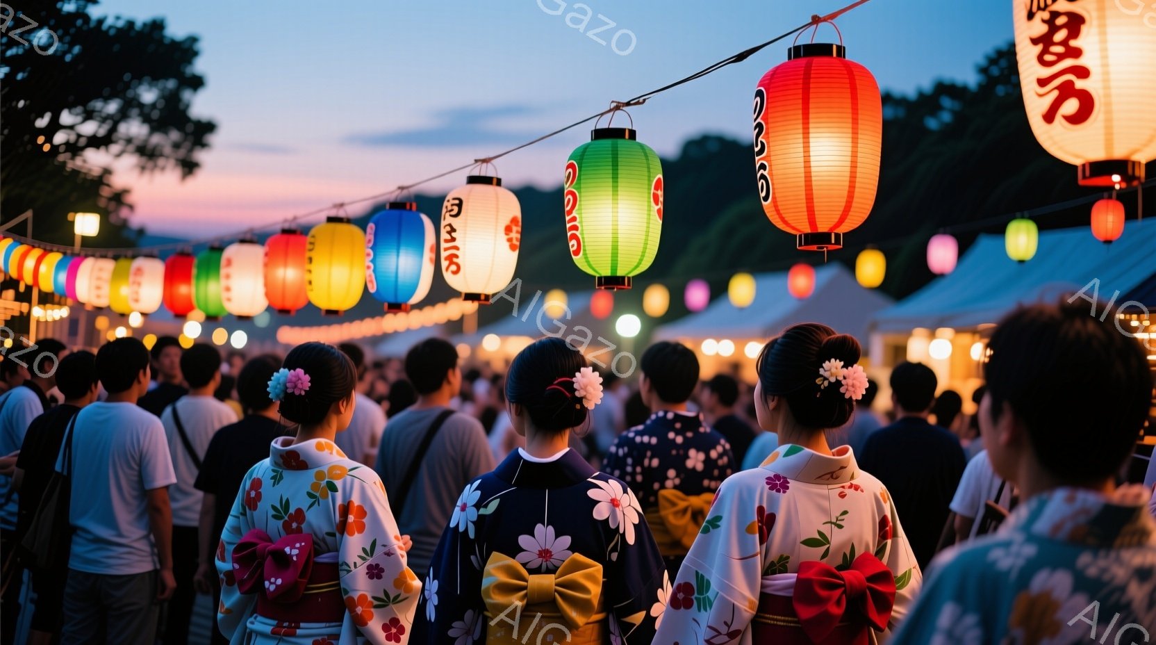 浴衣を着た人々が祭りの会場を歩いている様子が捉えられています。女性たちは華やかな柄の浴衣に、髪には花飾りをつけており、後ろ姿からは楽しげな雰囲気が伝わってきます。背景には提灯が灯り、夕焼け空と相まって、賑やかで温かいお祭りの雰囲気を醸し出しています。