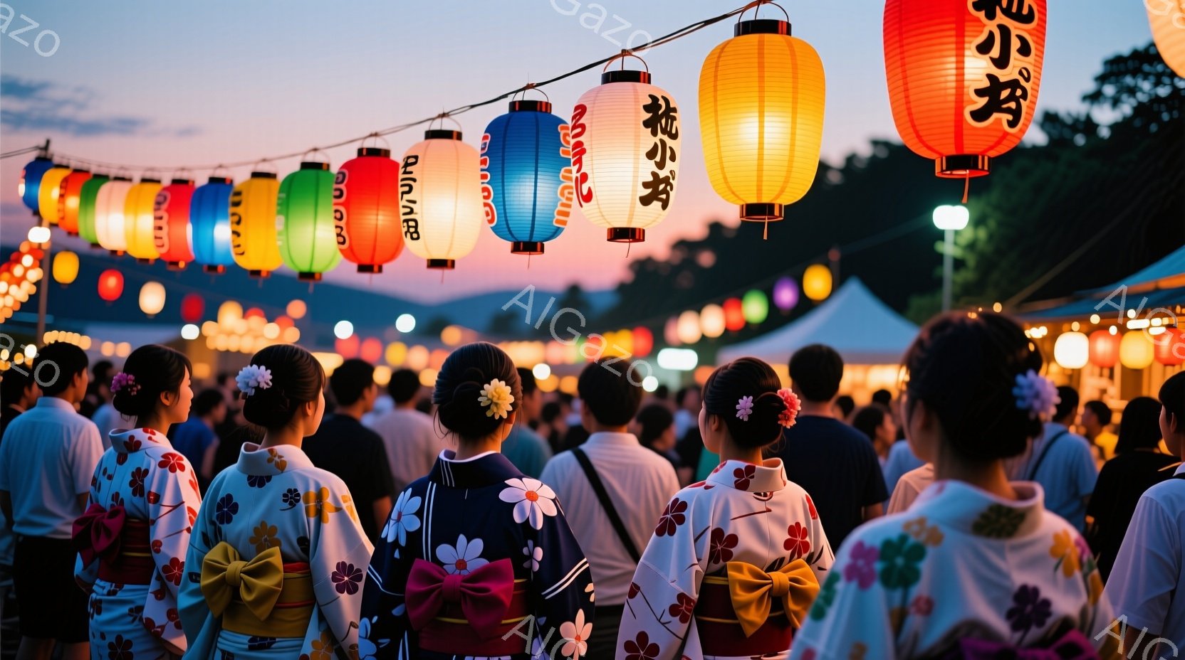 多くの人々が浴衣を着て、お祭りの会場で後ろ姿を見せています。女性たちは髪をアップにして、花飾りをつけており、華やかさを添えています。背景には提灯が飾られ、夕焼け空と相まって、賑やかで温かいお祭りの雰囲 - AI生成フリー素材