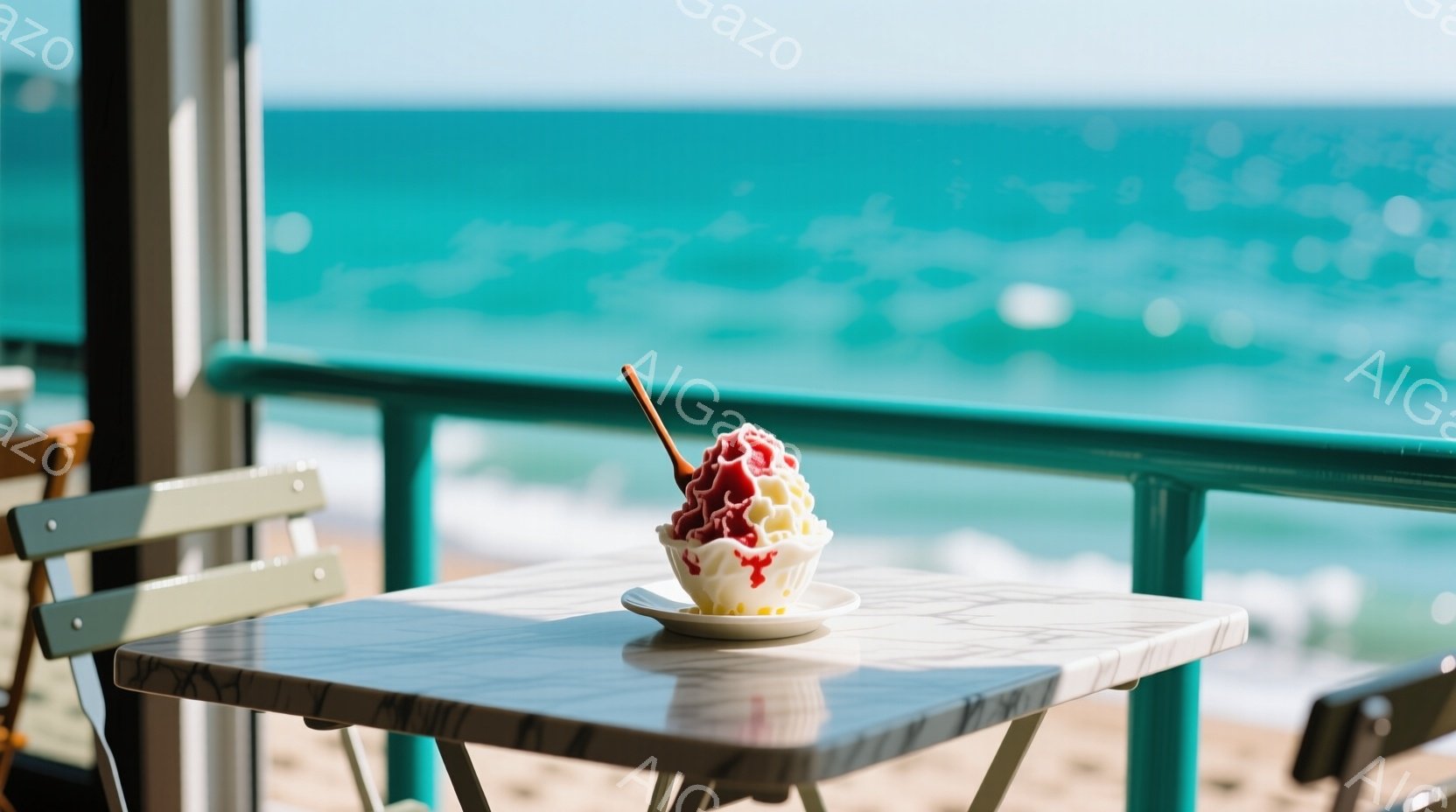 白いテーブルの上に、イチゴとクリームが盛り付けられたかき氷が置かれている。背景には、ターコイズブルーの海と白い砂浜が広がり、晴れた空が広がっている。全体的に、爽やかで夏らしい雰囲気の、リゾート地での一場面を切り取った写真である。