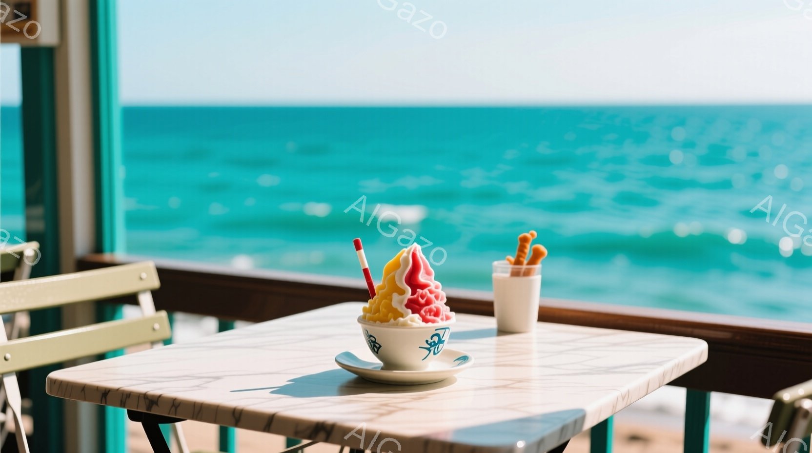 白い大理石風のテーブルの上に、カラフルなハワイアンシェイブアイスと、ストローが挿された白い飲み物が置かれています。背景にはターコイズブルーの海が広がり、晴天の下、穏やかな波が打ち寄せているのが見えます。テーブルの近くには緑色の椅子があり、リラックスした夏の雰囲気を醸し出しています。