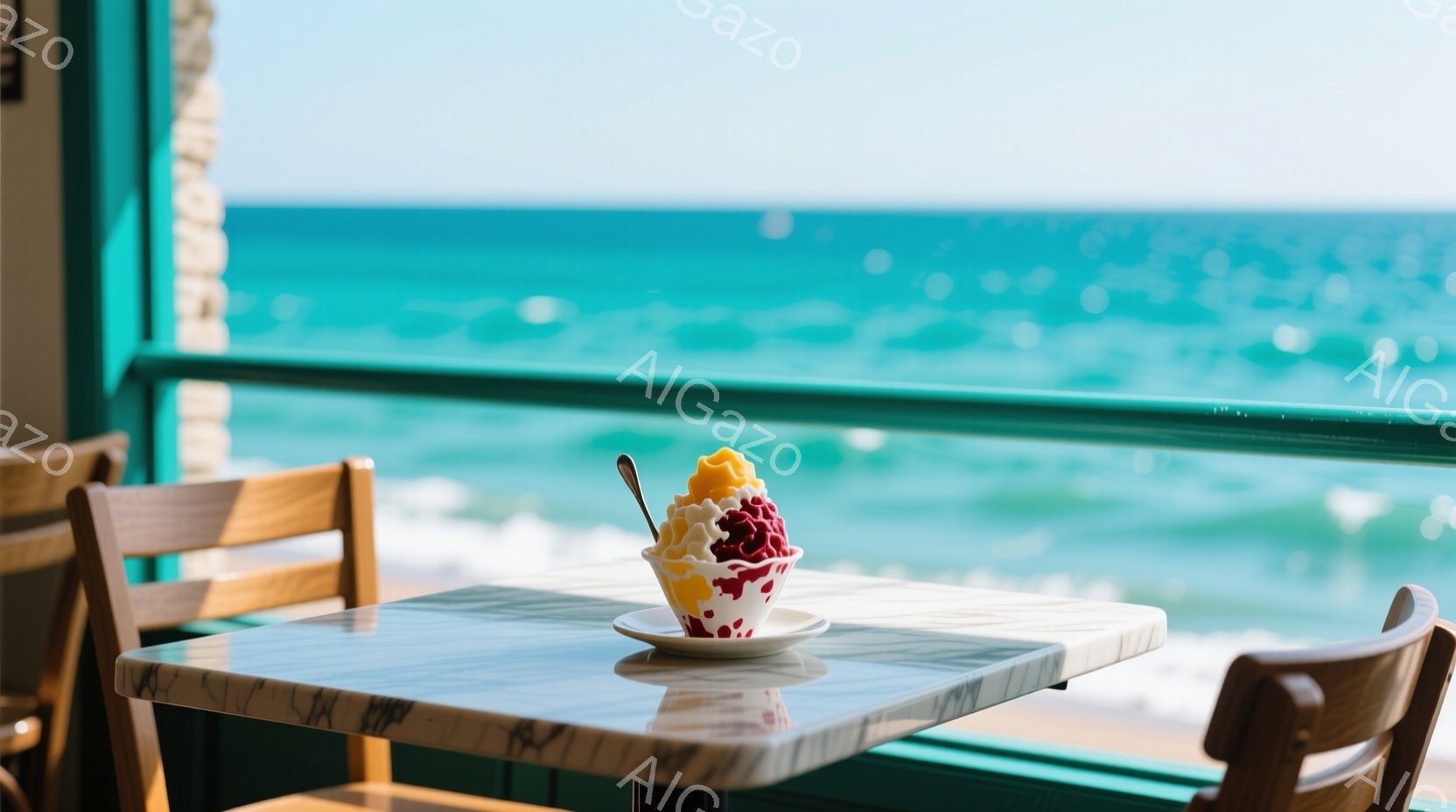 白いテーブルの上に、カラフルなハワイアンシェイブアイスが置かれています。背景にはエメラルドグリーンの美しい海が広がり、強い日差しが差し込んでいます。全体的に明るく開放的な雰囲気で、夏のバカンスを楽しんでいる様子が伝わってきます。