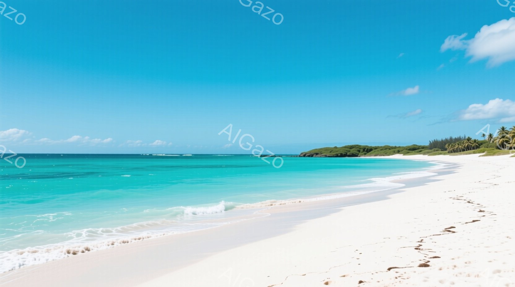 ターコイズブルーの海と白い砂浜が広がる美しいビーチです。遠くには緑豊かな丘陵が見え、ヤシの木々が生えています。空は晴れ渡り、穏やかな波が打ち寄せ、平和でリラックスした雰囲気が漂っています。 - AI生成フリー素材