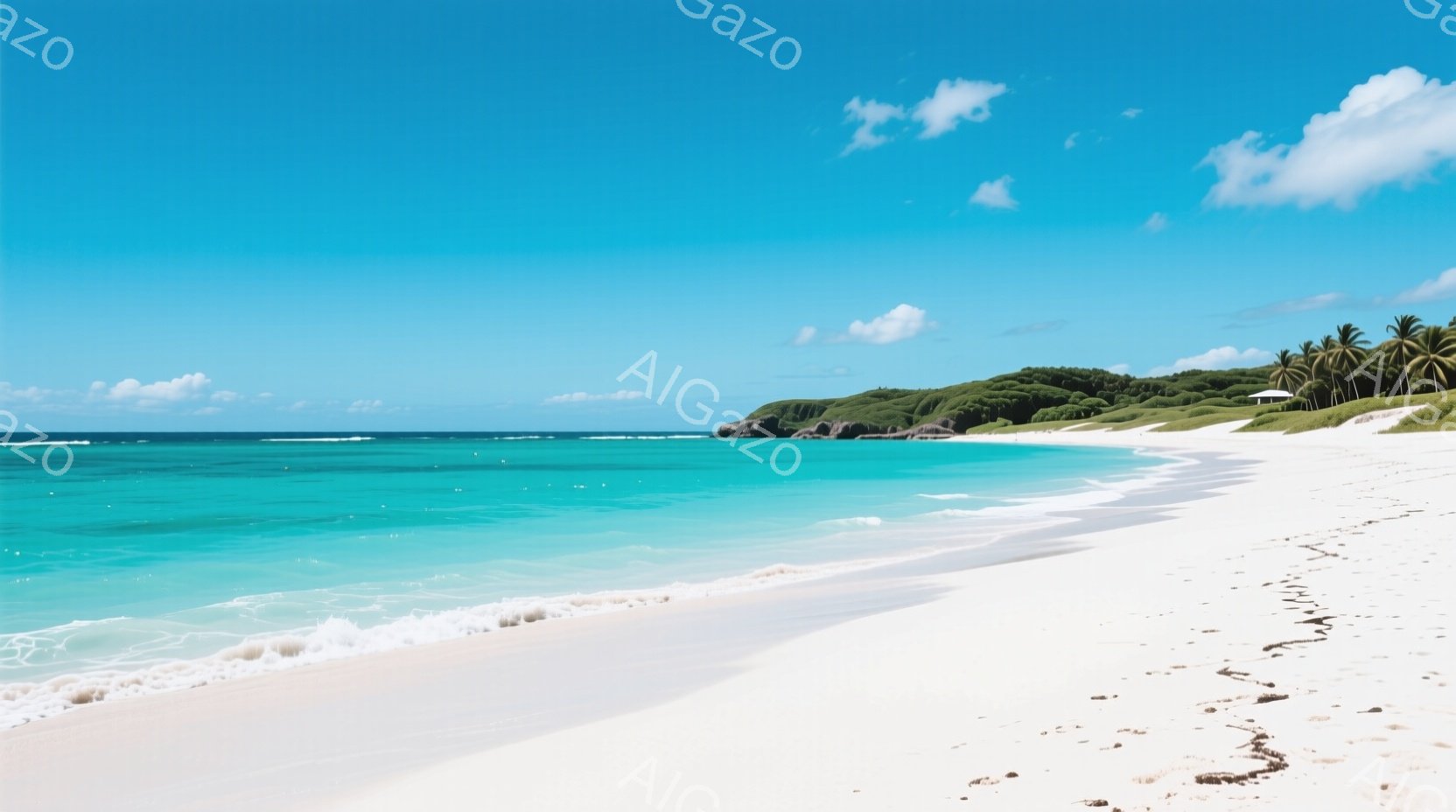 ターコイズブルーの海と白い砂浜が広がる美しい風景です。遠くには緑豊かな丘とヤシの木が見え、晴天の下、穏やかな波が打ち寄せています。全体的に静かで穏やかな、楽園のような雰囲気が漂っています。 - AI生成フリー素材