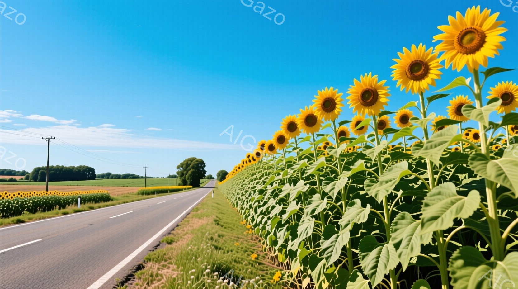 青空の下、ひまわり畑の脇を舗装された道路が伸びている風景です。道路の脇には高く育ったひまわりが密集しており、緑の葉とのコントラストが美しいです。遠景には緑の木々が並び、晴天の穏やかな夏の日の雰囲気が漂 - AI生成フリー素材