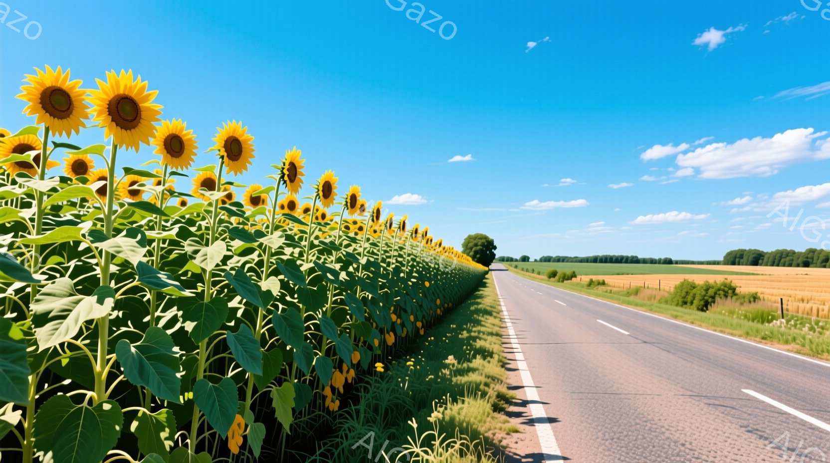 日中の美しい日差しが浴びるオープンカウントリーの景色を示しています。視界中央には白線で区切られた道路があり、その両側には散在的に生えた大きなソルビアライスが見ることができます。空は澄んでおり、一部の白雲が空を覆っています。施設は不明瞭であり、周囲は田地や草地で閉じられているように見えます。雰囲気は平和で、その照明は陽光が満たした清々しいものであり、自然の美しさを表現していると言えます。