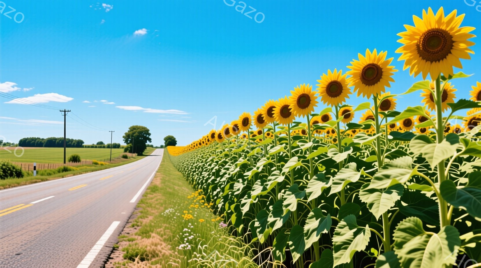 広大なひまわり畑が道路沿いに広がっており、その鮮やかな黄色が目に飛び込んできます。空は澄んだ青色で、白い雲が浮かび、夏の日差しを感じさせます。遠景には緑の牧草地と木々が見え、穏やかで平和な田園風景が広 - AI生成フリー素材
