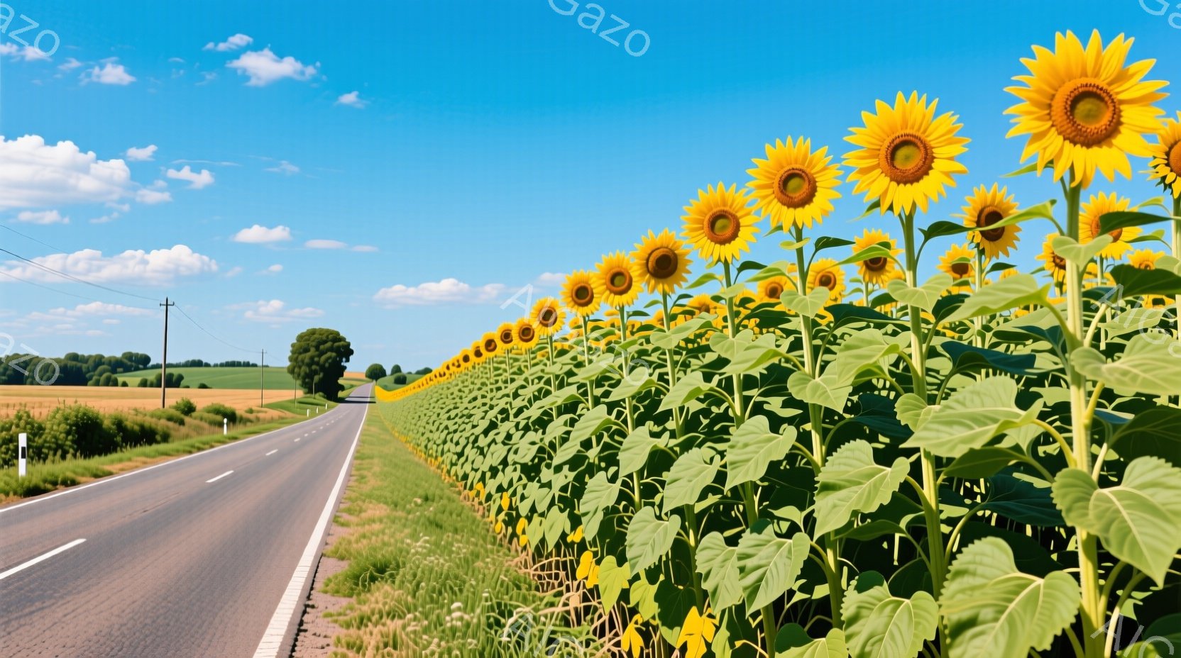 広大なひまわり畑に沿って舗装された道路が伸びている風景です。鮮やかな黄色いひまわりが密集して咲き誇り、緑の葉が道路の脇に並び、夏の強い日差しと青い空の下、穏やかで明るい雰囲気を醸し出しています。遠くには緑の畑と木々が見え、平和で牧歌的な風景が広がっています。