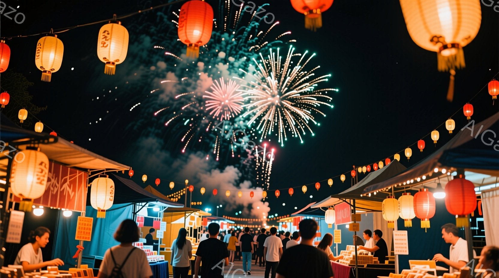 夜の屋外イベント会場では、多くの人々が屋台が並ぶ通りを歩いている。赤い提灯が空中に飾り付けられ、祭りのような雰囲気を醸し出している。背景には花火が打ち上げられ、人々はそれを見上げている。