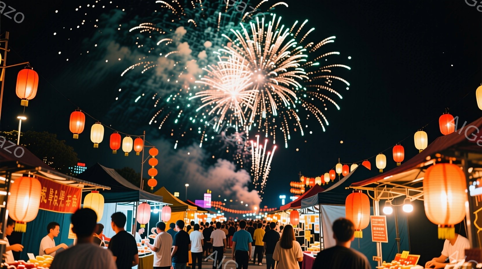 夜の屋台が並ぶ賑やかな通りで、人々が楽しそうに歩き回っている。オレンジ色の提灯が通りを照らし、背景には花火が打ち上げられ、鮮やかな光を放っている。人々はカジュアルな服装で、笑顔を見せながら屋台の食べ物 - AI生成フリー素材