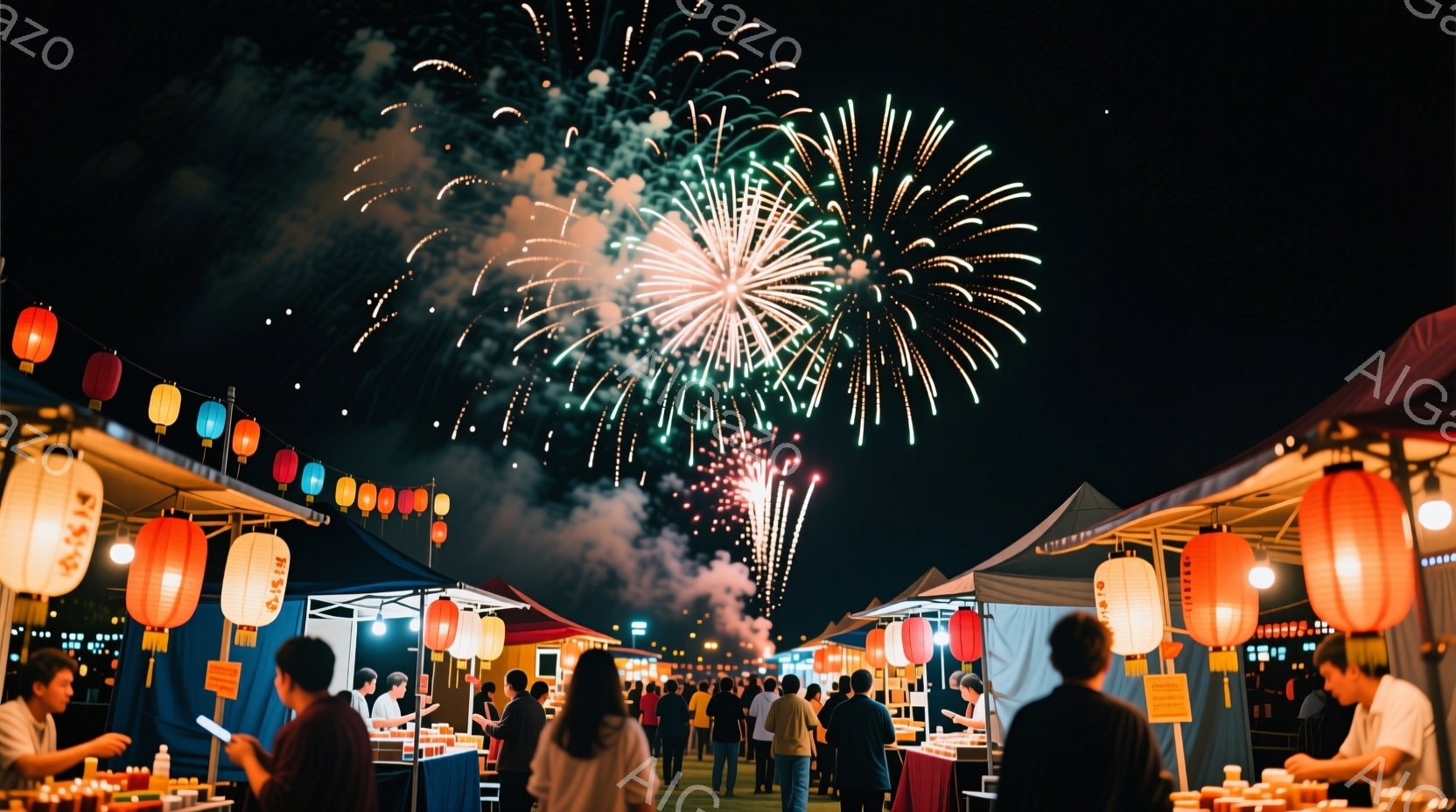 夜空には緑と白の鮮やかな花火が咲き乱れ、地面には屋台が並び、多くの人々が賑わっています。人々はカジュアルな服装で、楽しそうに屋台の食事を楽しんだり、談笑したりしています。オレンジ色の提灯が屋台を照らし - AI生成フリー素材