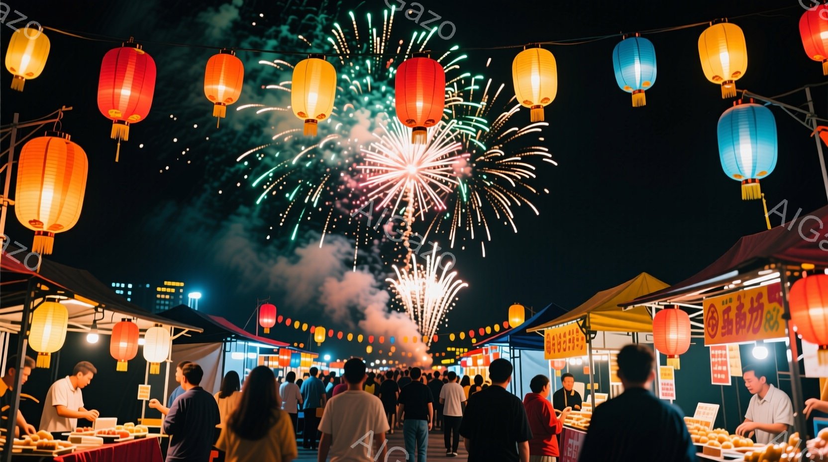 夜の屋台が並ぶ祭り会場で、人々は様々な食べ物の屋台の周りに集まっている。色とりどりの提灯が会場を明るく照らし、背景には花火が打ち上げられ、祝祭的な雰囲気を醸し出している。人々はカジュアルな服装で、楽し - AI生成フリー素材