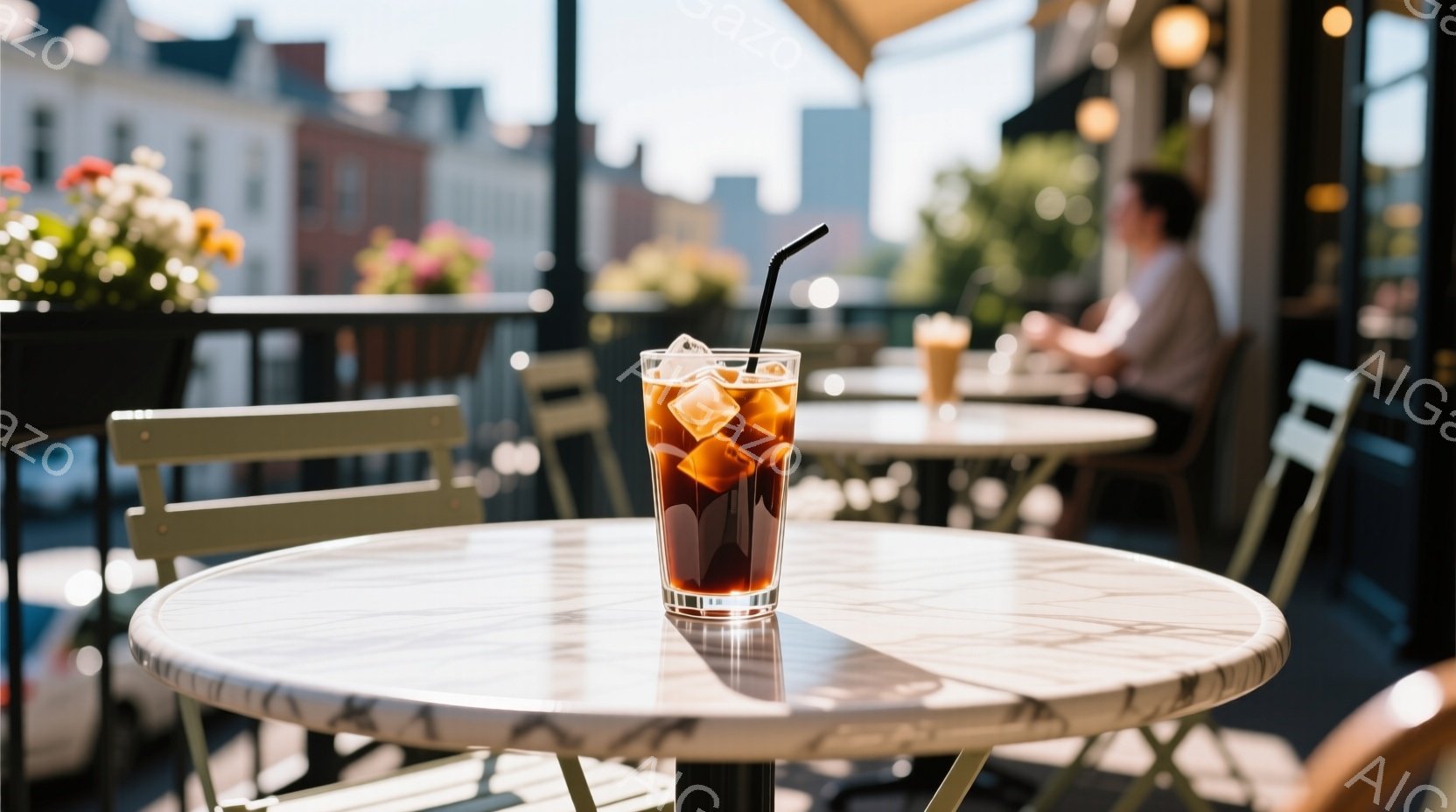 白い大理石風のテーブルに、氷入りのグラスに入った冷たい飲み物が置かれている。背景には、日差しが降り注ぐ都会の風景が広がり、遠くには建物が見える。全体的に明るく爽やかな雰囲気で、リラックスしたカフェの時間が感じられる。