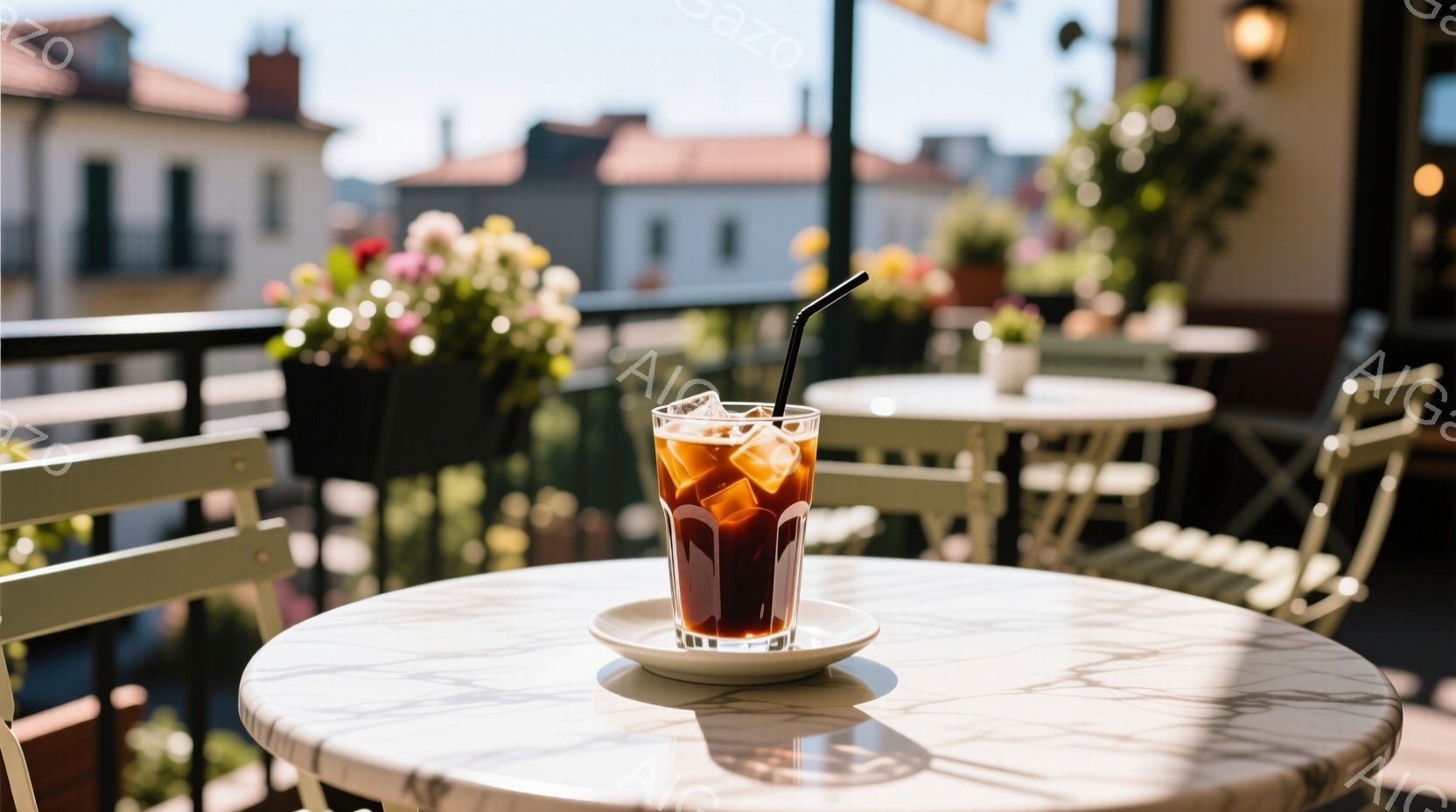 白いテーブルの上に、アイスコーヒーが置かれたグラスとソーサーが映っている。背景には、カラフルな花が咲き乱れるプランターと、ヨーロッパ風の建物が見え、晴天の空が広がっている。全体的に、穏やかで優雅なカフ - AI生成フリー素材