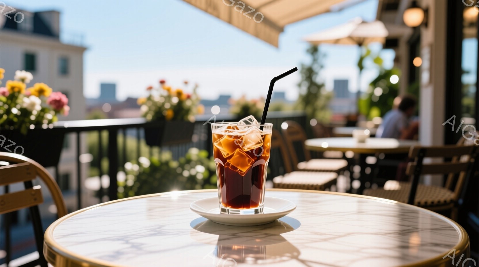 白いソーサーに乗ったアイスコーヒーが、大理石柄のテーブルの上で輝いている。背景には、黒い柵と緑豊かな植物、そして遠くに見える建物群が広がり、晴れた空の下、優雅なカフェのテラス席の雰囲気を醸し出している - AI生成フリー素材